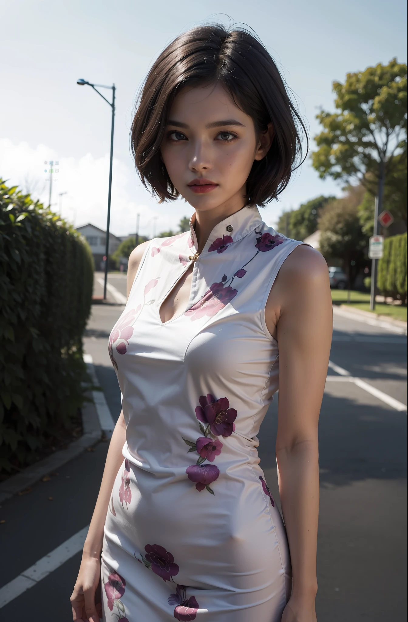 (purple printed china dress),1 girl,(short hair:1.1), (arms behind back:1.1),(realistic:1.7),((best quality)),absurdres,(ultra high res),(photorealistic:1.6),photorealistic,octane render,(hyperrealistic:1.2), (photorealistic face:1.2), (8k), (4k), (Masterpiece),(realistic skin texture), (illustration, cinematic lighting,wallpaper),( beautiful eyes:1.2),((((perfect face)))),(cute),(standing),(black hair),(short hair),black eyes,red lips, (outdoors),