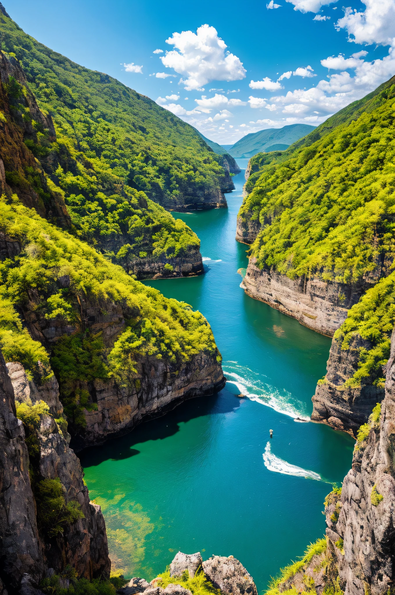 Masterpiece, ultimate quality, Cg unity 8k wallpaper, super delicate, beautiful sky and clouds, rich natural scenery, cliffs, lakes and rivers, waterfalls and flying water, beautiful green mountains, no trace of people, excellent scenery, has already won a photo contest, background Blurring, full depth of field, HDR high dynamics, true restoration, intricate, extreme details, dramatic presentation, perfectly presenting the style of midjourney art.
