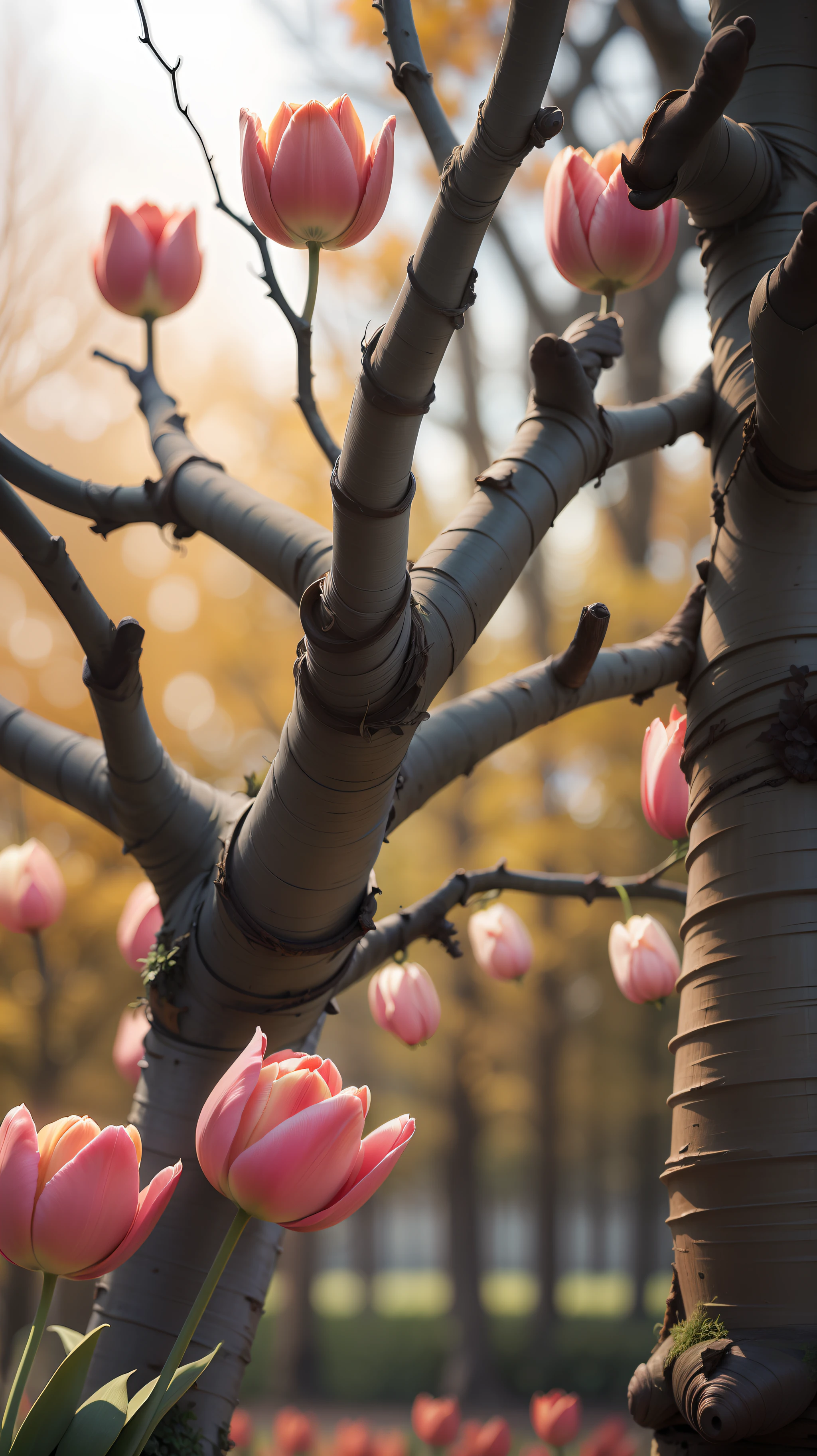 Three red tulip, three red tulips in the tree,red tulips,dark background,high resolution,high quality