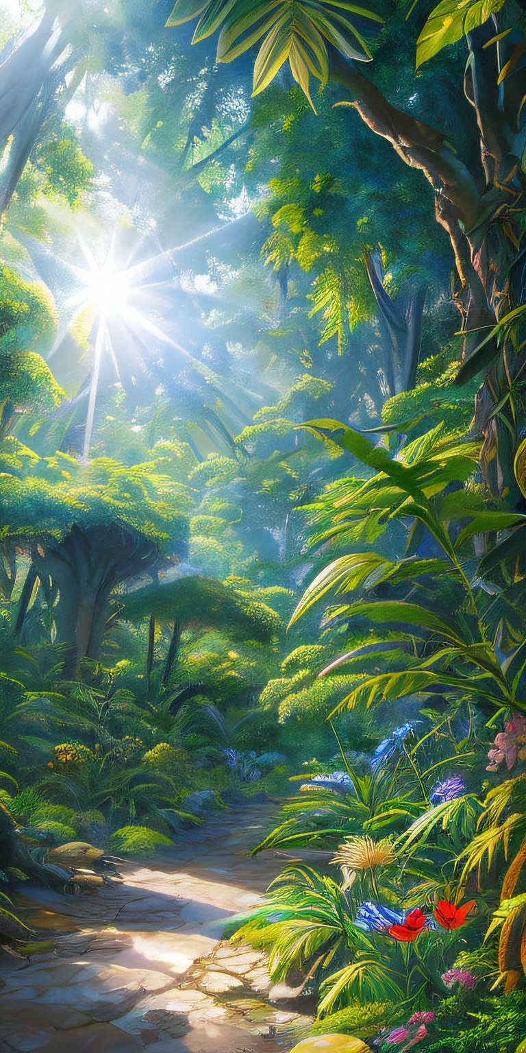 A detailed and intricate digital illustration of a dense jungle full of exotic flora and fauna, with sunlight filtering through the canopy creating a dappled effect. Yoshitaka Amano and Hayao Miyazaki style, masterpiece, proportions, details, art station trends, beautiful lighting, realistic, intricate, award winning, 4k, highest quality