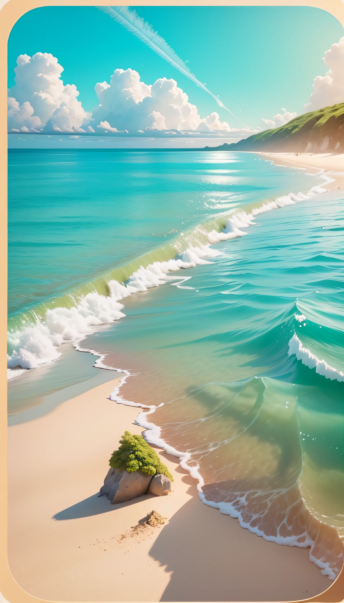 Face the perspective, summer seaside, beach, sunny weather, clear sky, sunny, colorful, happy summer vacation, simple picture, close-up, brilliant sunshine, distant waves, visual impact, 3D DreamWorks style, perspective for square, mobile game background, beach background, game art, featured art splash screen, Lowres, official artwork