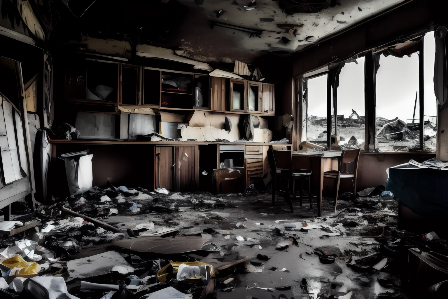 Interior of a building, messy, broken furniture, garbage, post-apocalyptic, RAW photojournalism, grainy, crisp detail, 8K, sharp focus
