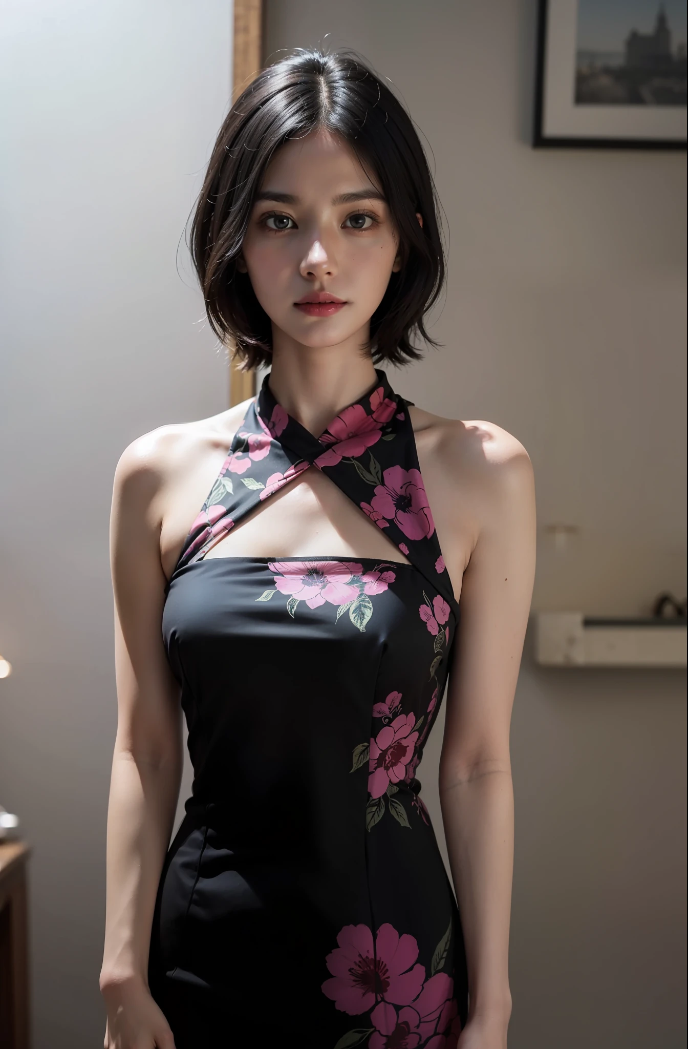 (purple printed china dress)、1人の女の子、(short-hair:1.1)、(behind arms:1.1)、(realisitic:1.7)、((beste-Qualit))、absurderes、(ultra-high-resolution)、(photo- realistic:1.6)、photo- realistic、octan render、(hiper realistic:1.2)、(photorealiscic face:1.2)、(8k)、(4k)、(mastaerpiece)、(realistic skin textures)、(illutst、cinematiclight、wall-paper)、(Beautiful  eyes:1.2)、((perfect  face))))、(cute-cute)、(is standing)、(black-haired)、(shorth hair)、black eyes、red-lips、 (exteriors)、Big