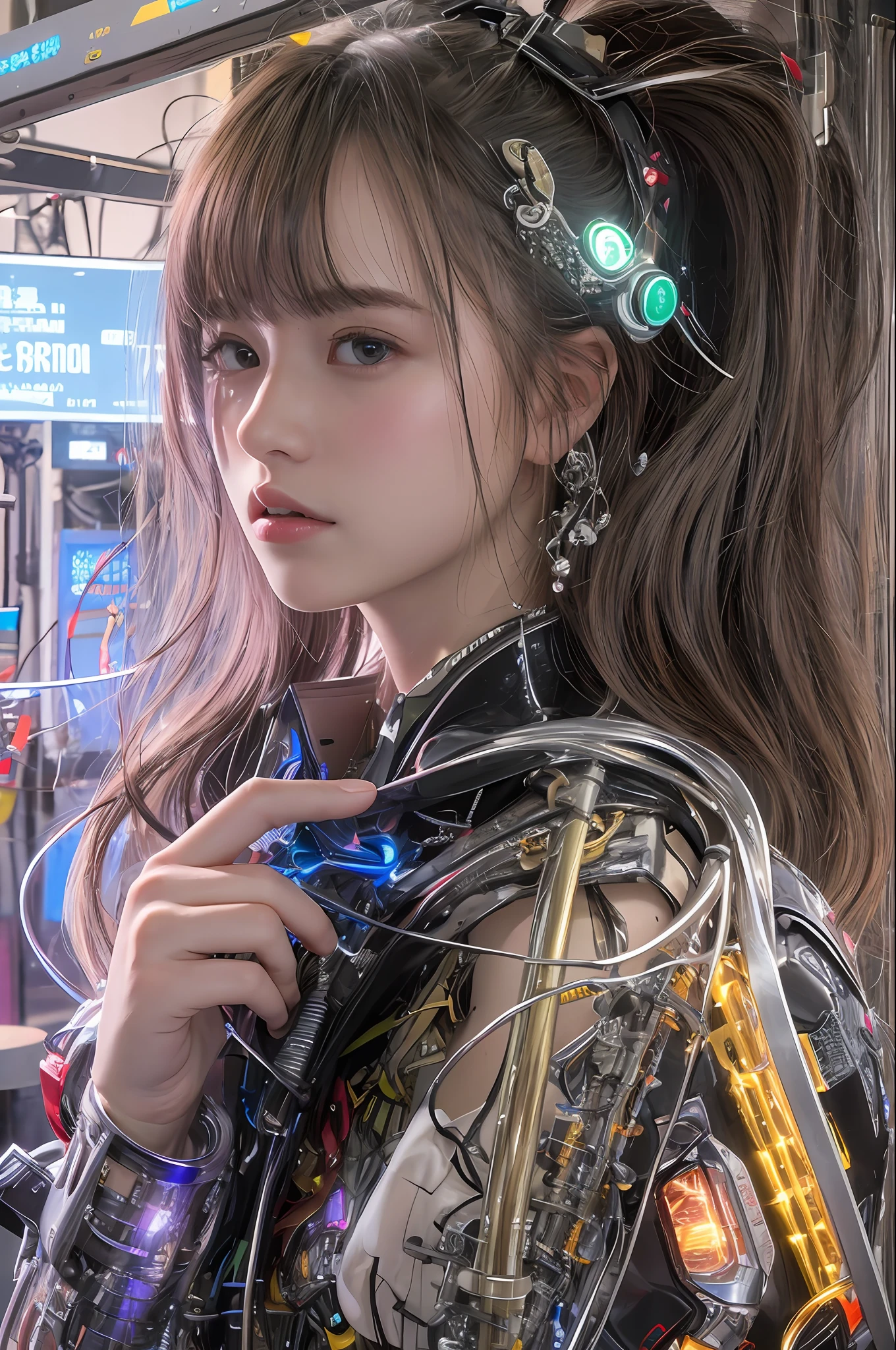 beste-Qualit、巨作、ultra-high-resolution、(photo- realistic:1.4)、Raw photo、女の子1人、Black hair、glowy skin、Cyberpunk Suit、((hyper realistic detail))、portlate、Global Illumination、Shadow、octan render、in 8K、ultrasharp、巨乳、Raw skin is exposed in cleavage、metals、Details of complex ornaments、Gothloli details、Luminous tube、extremely intricate detail、Realistic light、CGSoation Trends、purple-eyed、radiant eyes、Facing the camera、neon details、Mechanical limbs、blood vessels connected to tubes、Mechanical vertebrae attached to the back、mechanical cervical attaching to neck、sitting on、Wires and cables connecting to the head、Small LED lamp、The background is the server room of the future、