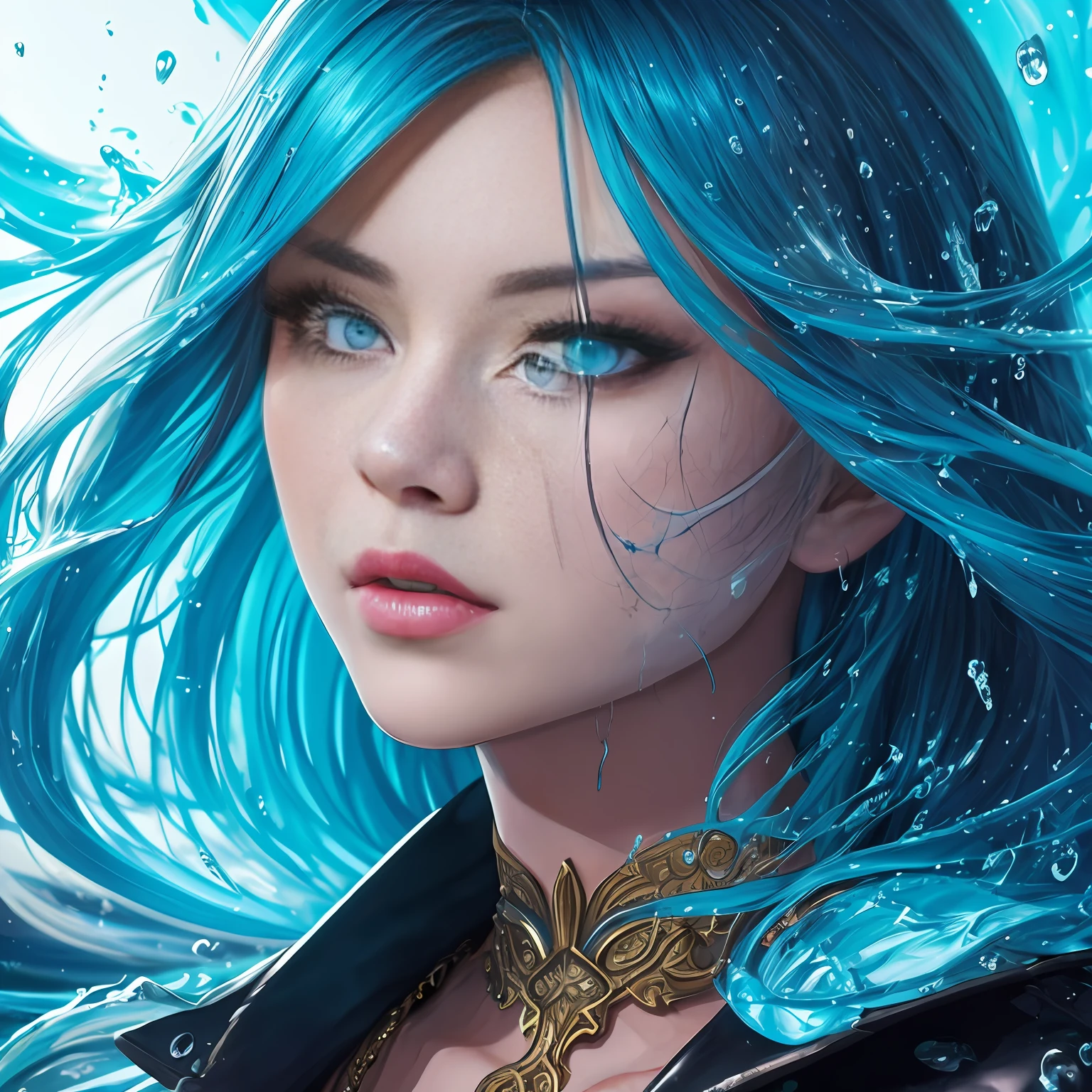 a half body portrait of a woman as made of water, half body submerged in water, at a lake, turquoise hair depicting as waterfall, wet, drops of water on the face and body, natural body posture, rain, Art by Alberto Seveso, symmetrical, abstract artstyle, intricate complex watercolor painting, sharp eyes, digital painting, color explosion, concept art, voluminetric lighting,TanvirTamim, metallic reflections, 2d render, 8k. by artgerm, Trending on ArtStation, beautiful movie actress, 24 years old, Russian, face of a model, 1980 year fashion style, very confident, medium lenght hair, author:Christopher Wool, Midnight blue colour, Half open mouth, nice and perfect face,Soft skin, voluminetric lighting, slight lipstick, Midnight blue half cardigan shirt,Wear yours with a leather jacket and skirt, Chinese Pagoda in the background, intrincadamente detalhado, 8K resolution, 巨作, Cute face, artstation digital painting: 8k resolution masterpiece: intricately detailed fluid gouache painting: author:Jean Baptiste Mongue: calligraphy: Acrylic: watercolor art, Professional photography, Natural lighting, volumetric lighting maximalist photo illustration: author:Marton Bobzert:, Complex, elegant, expansive, Fantastical Caucasian woman in fashionable clothing, light-blonde hair, Attractive posing, Full body, Perfect detailed face, frame the head, Odd-eye, Glamour, wear wet see-through white T-shirt, Wet skin, Wet hair, Rain, hyperdetailed painting, Luminism, Art concept art by Griffith Beef and Wadim Kashin, 4K resolution, fractal isometrics details bioluminescens , a 3D render, octane rend, intrincadamente detalhado , Cinematic, trending on artstation Isometric Centered hypereallistic cover photo awesome full color, hand draw, grittiness, Realistic Mucha, intricate complexity, hit definition, Cinematic, Rough sketch, Bold lines, On paper. Maximaliset Rococo. Astral Escape! Splash Art, portrait of Vietnamese, red indigo haired Vietnamese, StarCraft Inspired, Epic, art stations, splas