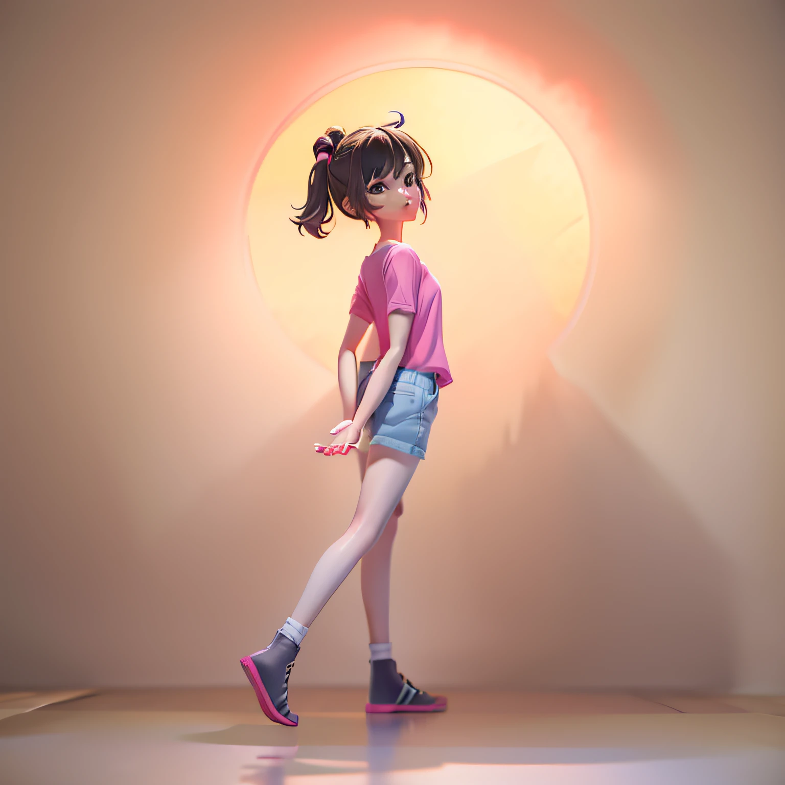 arafed image of a girl in a pink shirt and blue shorts, render of a cute 3d anime girl, character is in her natural pose, animation character, 3d anime girl, the anime girl is running, animation style render, 3 d character, 3d character, Casual pose, highly detailed character, Realistic anime 3 d style, anime styled 3d