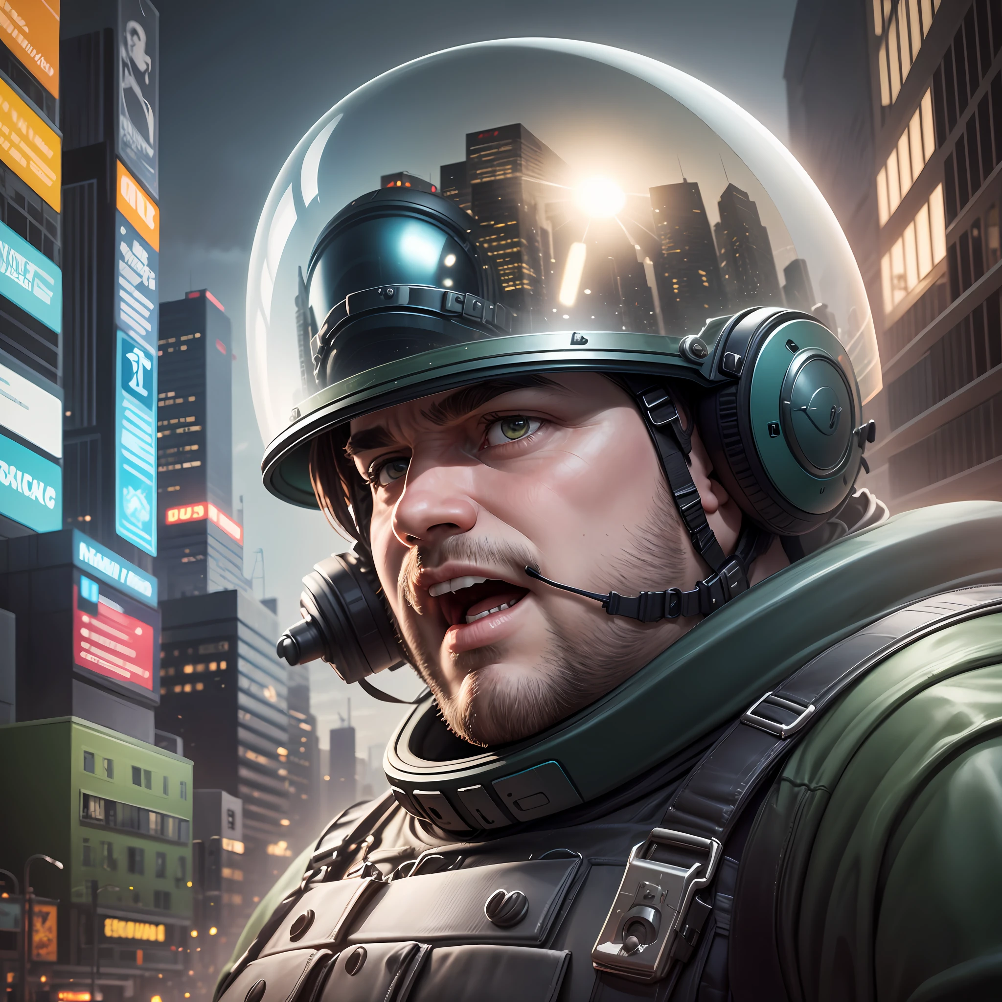 dynamic scene. The future is 2100. A funny fat man special forces policeman in a glass helmet that barely fits over his head looks up in surprise. Close-up. Pastel colors. Cartoon Pixar Disney. Blurred Background of the evening city of the future, a slight haze. --auto --s2