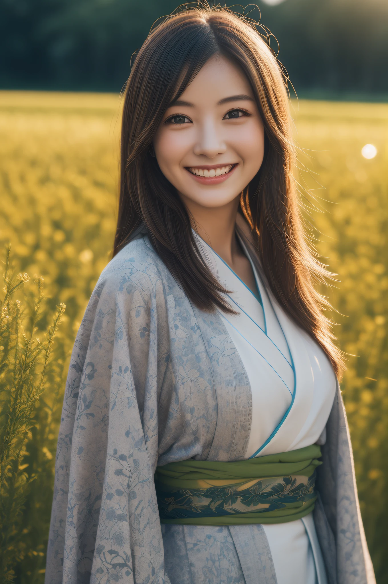 (Kimono)、a smile、beste-Qualit、a beautiful female、photo- realistic、(and intricate detailing:1.2)、(delicate detail)、(ciinematic light、best quality backlight)、Clear Line、Unity 8k Wallpapers、ultra-high-resolution、(photo- realistic:1.4)、flowers fields