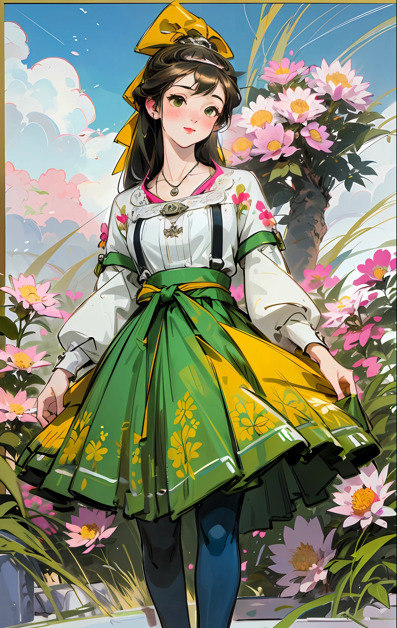 Best quality, masterpiece, high quality, 1 girl, blush, (seductive smile: 0.8), love pupils, white blouse, lace trim, bow on chest, long blue skirt, lace on skirt, with ornaments, pink headband, long ribbon, necklace, beautiful face, standing on the path, both sides full of flowers, yellow chrysanthemums, red flowers, green grass, spring, white clouds, full body, intense light and shadow, photographic effects, realistic, , edge lighting, two-tone lighting, (high detail skin: 1.2), 8K Ultra HD, DSLR, Soft Lighting, High Quality, Volumetric Lighting, Capture, Photo, High Resolution, 4K, 8K,