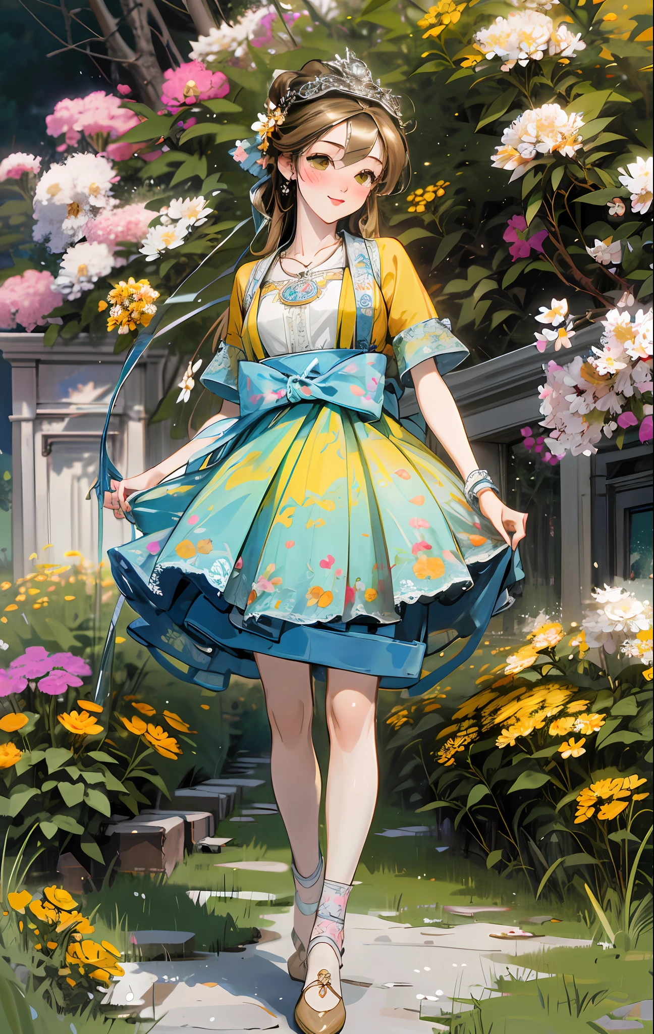 Best quality, masterpiece, high quality, 1 girl, blush, (seductive smile: 0.8), love pupils, white blouse, lace trim, bow on chest, long blue skirt, lace on skirt, with ornaments, pink headband, long ribbon, necklace, beautiful face, standing on the path, both sides full of flowers, yellow chrysanthemums, red flowers, green grass, spring, white clouds, full body, intense light and shadow, photographic effects, realistic, , edge lighting, two-tone lighting, (high detail skin: 1.2), 8K Ultra HD, DSLR, Soft Lighting, High Quality, Volumetric Lighting, Capture, Photo, High Resolution, 4K, 8K,