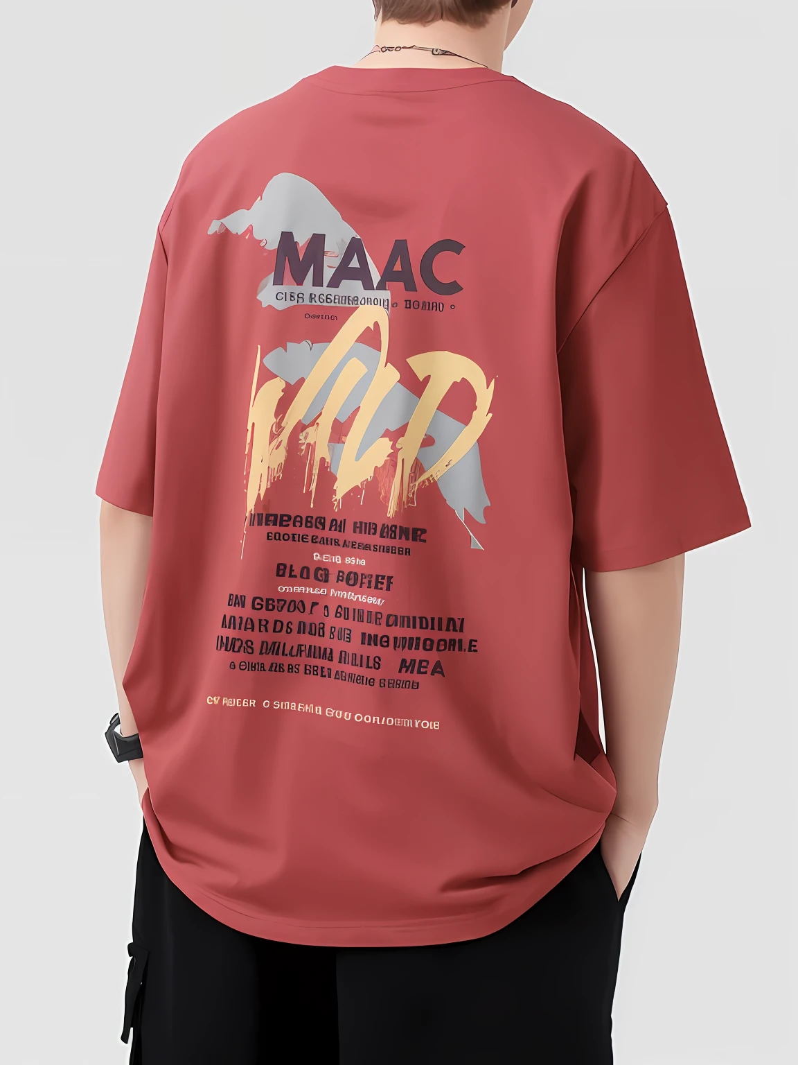 Close-up of a man in a red cotton shirt,Pure cotton texture,There is a bear on it, Trends on B/street wears, 2 0 2 3 Fashionable, streetwear graphic design, marc, Red T-shirt, mad, t - shirt, T-shirt, hiphop urban inspired, inspired by Mac Conner, street wears, T- shirt!!, design for tshirt, 2 0 2 3
