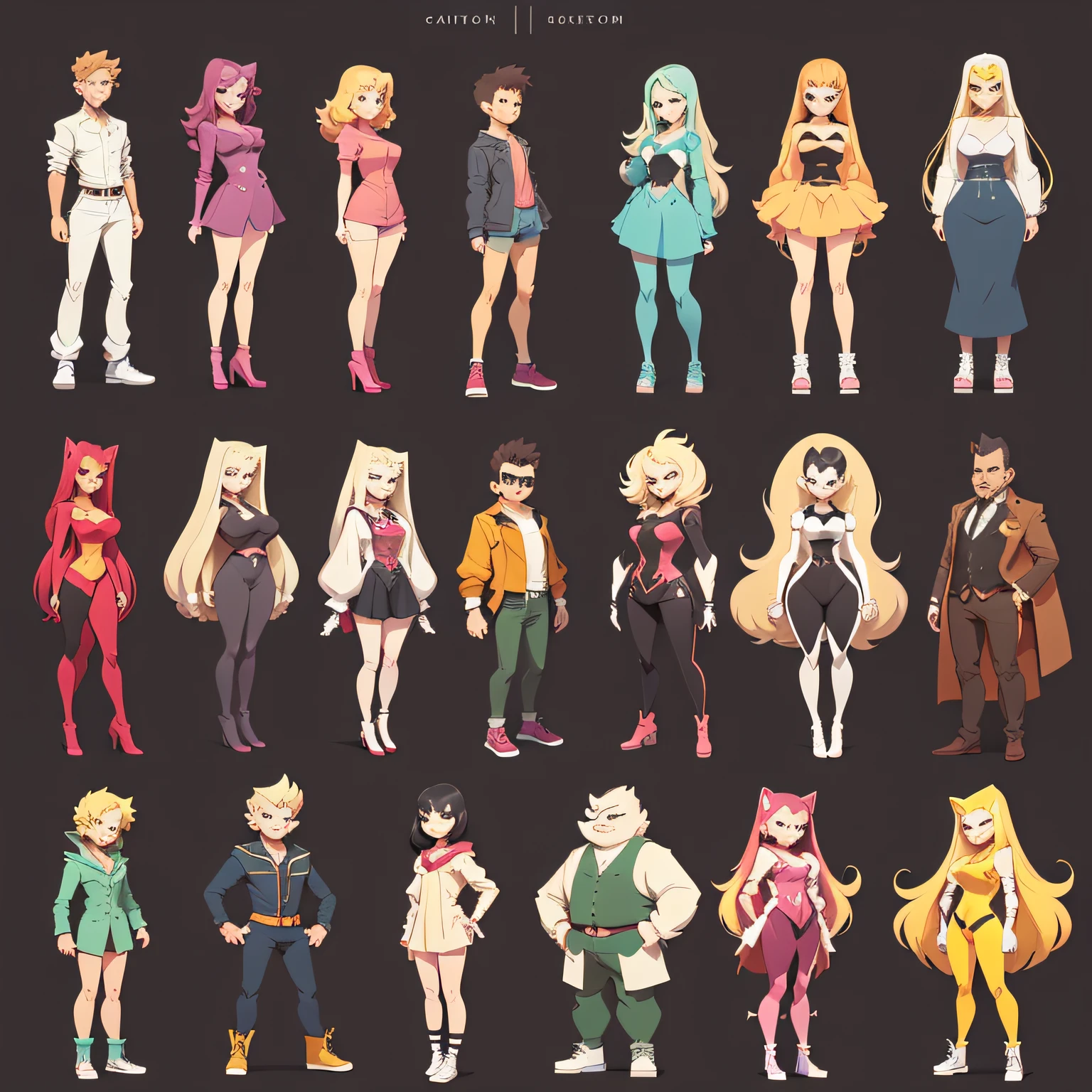 cartoon characters of people in different poses and colors, Cartoon Art Style, high quality character design, Highly detailed characters, Cartoon Art Style, Simple cartoon style, style of madhouse studio anime, cartoonish vector style, Full body character design, Detailed characters, style of cartoon,Full body long legs display --auto