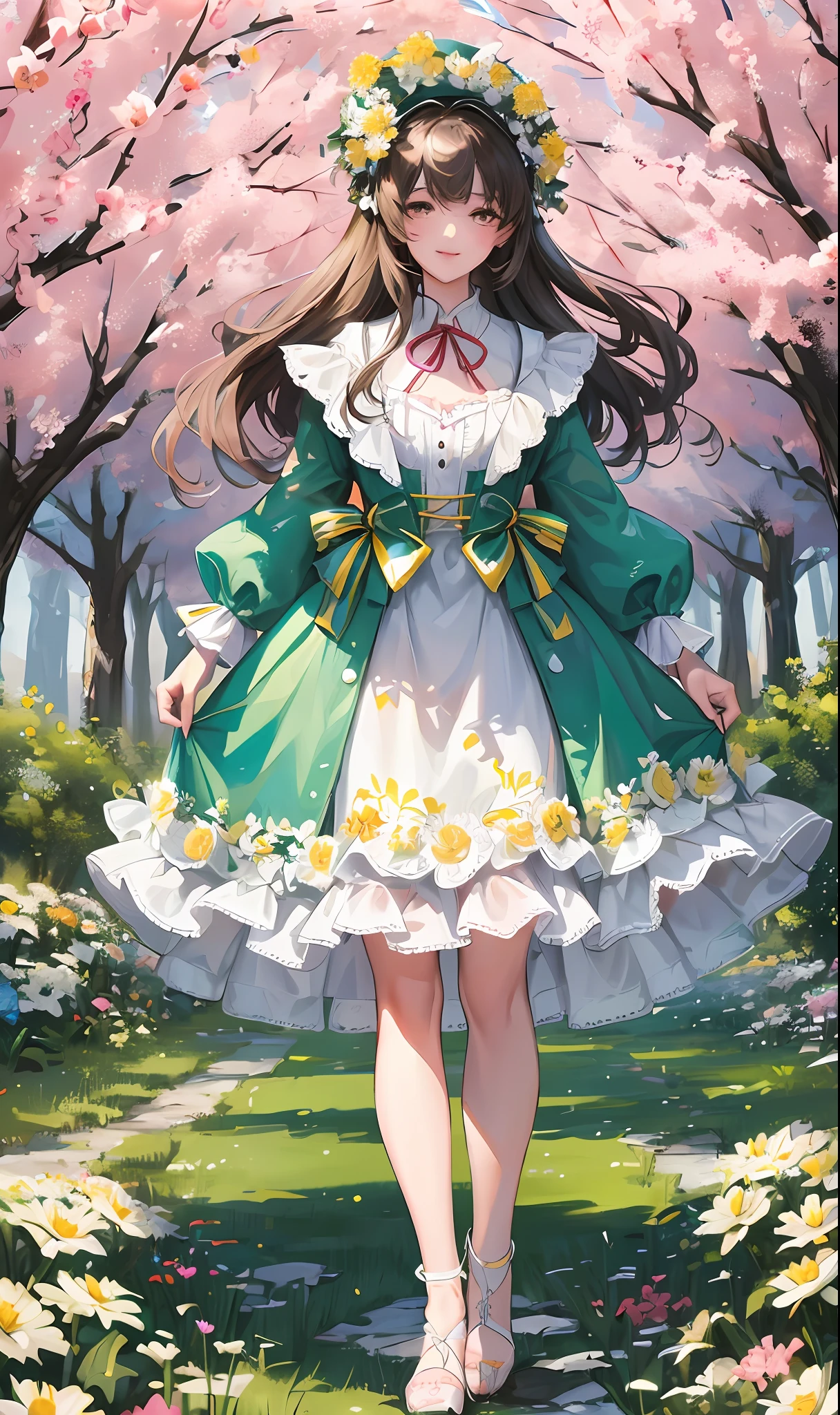 Best quality, masterpiece, high quality, 1 girl, blush, (seductive smile: 0.8), love pupils, white blouse, lace trim, bow on chest, long blue skirt, lace on skirt, with ornaments, pink headband, long ribbon, necklace, beautiful face, standing on the path, both sides full of flowers, yellow chrysanthemums, red flowers, green grass, spring, white clouds, full body, intense light and shadow, photographic effects, realistic, , edge lighting, two-tone lighting, (high detail skin: 1.2), 8K Ultra HD, DSLR, Soft Lighting, High Quality, Volumetric Lighting, Capture, Photo, High Resolution, 4K, 8K,