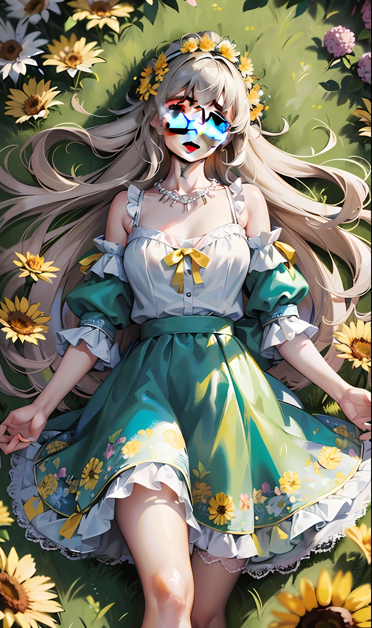 Best quality, masterpiece, high picture quality, 1 girl, blush, (seductive smile: 0.8), love pupils, white top, lace trim, bow on chest, long blue skirt, lace on skirt, with ornaments, pink headband, long ribbon, necklace, beautiful face, on the path, both sides are full of flowers, yellow chrysanthemums, red flowers, green grass, spring, white clouds, full body, intense light and shadow, photographic effects, realistic, , edge lighting, two-tone lighting, (high detail skin: 1.2), 8K Ultra HD, DSLR, Soft Lighting, High Quality, Volumetric Lighting, Capture, Photo, High Resolution, 4K, 8K,