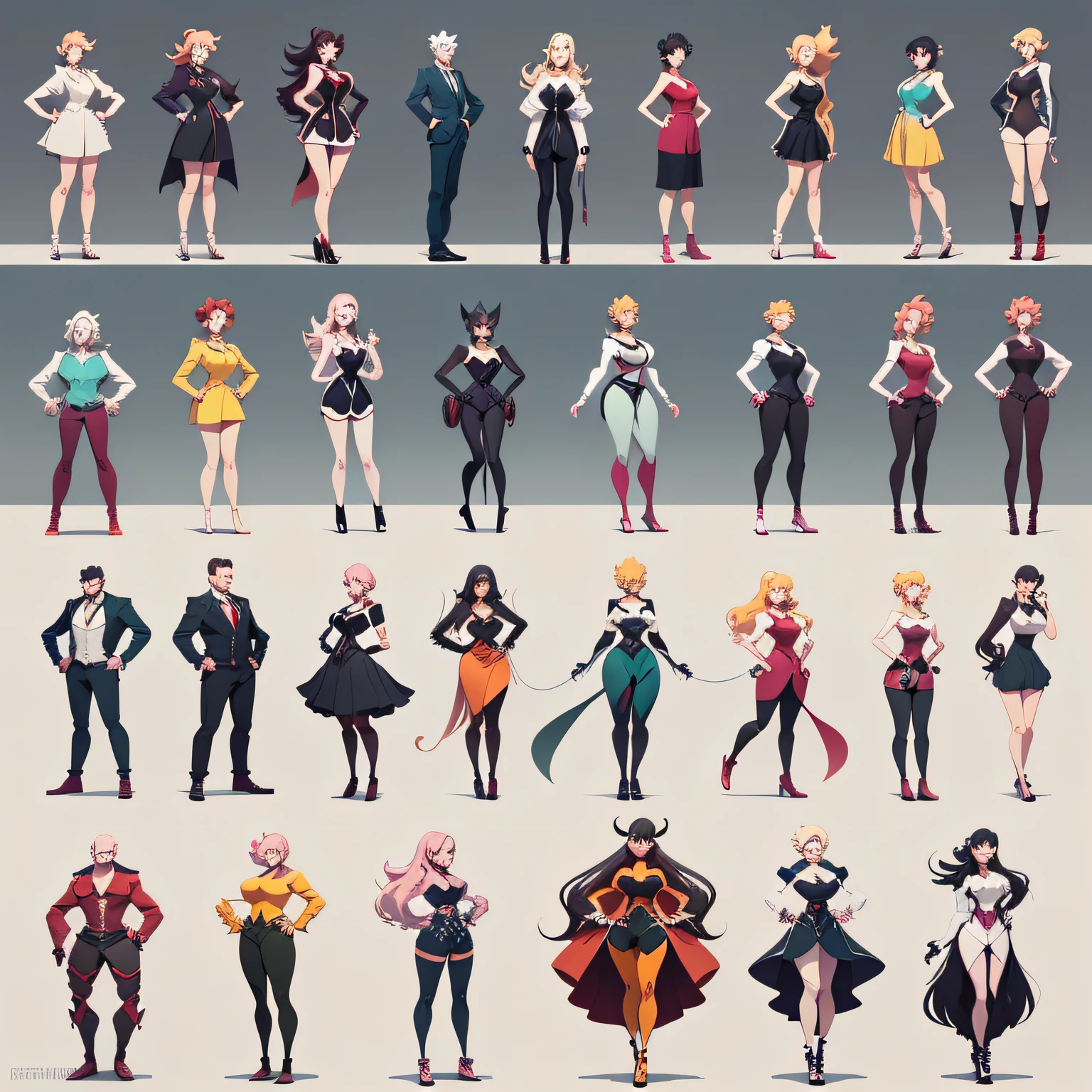 cartoon characters of people in different poses and colors, Cartoon Art Style, high quality character design, Highly detailed characters, Cartoon Art Style, Simple cartoon style, style of madhouse studio anime, cartoonish vector style, Full body character design, Detailed characters, style of cartoon,Full body long legs display --auto