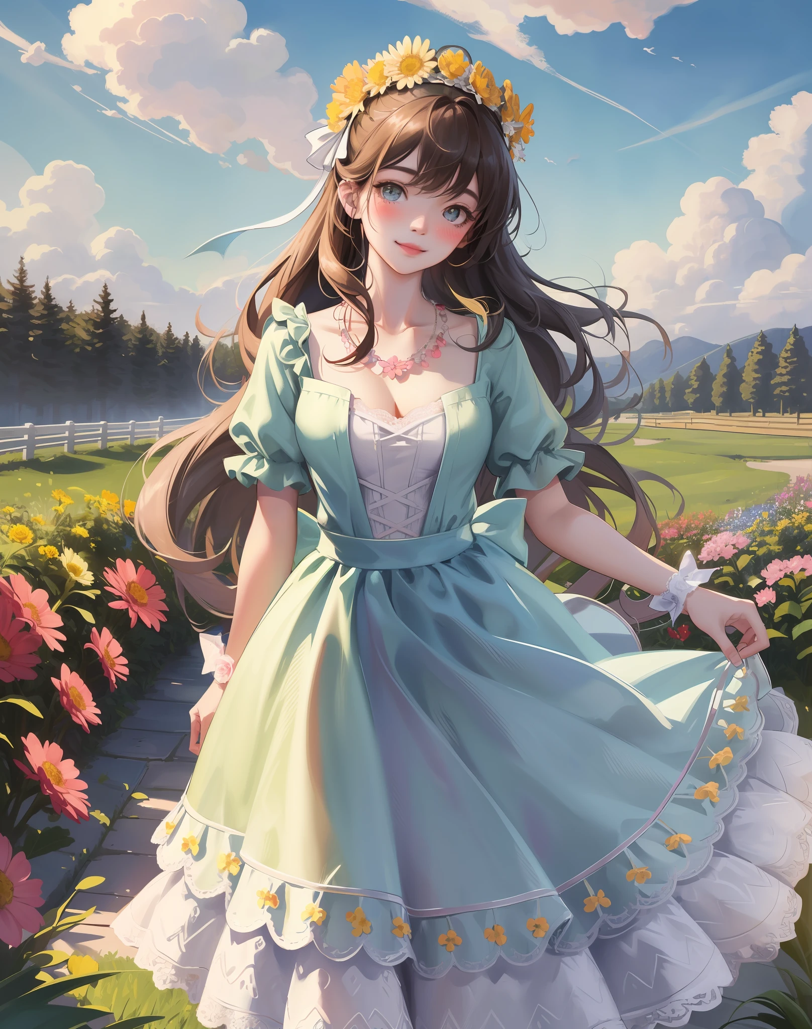 Best quality, masterpiece, high picture quality, 1 girl, blush, (seductive smile: 0.8), white top, lace trim, bow on chest, long blue skirt, lace on skirt, with ornaments, pink headband, long ribbon, necklace, beautiful face, On the bench of the path, both sides are full of flowers, yellow chrysanthemums, red flowers, green grass, spring, white clouds, full body, intense light and shadow, photographic effects, realistic, , edge lighting, two-tone lighting, (high detail skin: 1.2), 8k ultra high definition, DSLR, Soft Lighting, High Quality, Volume Lighting, Capture, Photo, High Resolution, 4K, 8K,