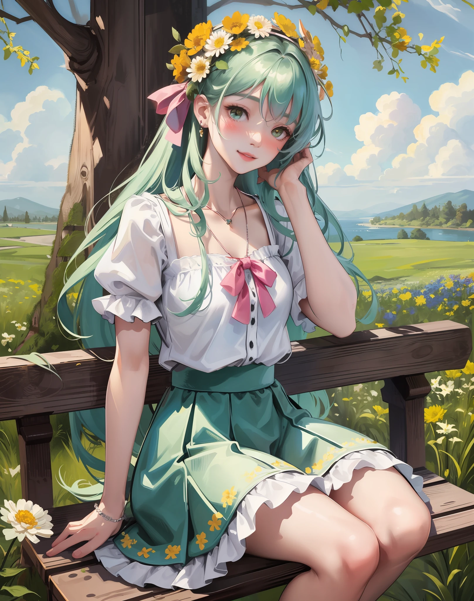 Best quality, masterpiece, high picture quality, 1 girl, blush, (seductive smile: 0.8), white top, lace trim, bow on chest, long blue skirt, lace on skirt, with ornaments, pink headband, long ribbon, necklace, beautiful face, On the bench of the path, both sides are full of flowers, yellow chrysanthemums, red flowers, green grass, spring, white clouds, full body, intense light and shadow, photographic effects, realistic, , edge lighting, two-tone lighting, (high detail skin: 1.2), 8k ultra high definition, DSLR, Soft Lighting, High Quality, Volume Lighting, Capture, Photo, High Resolution, 4K, 8K,