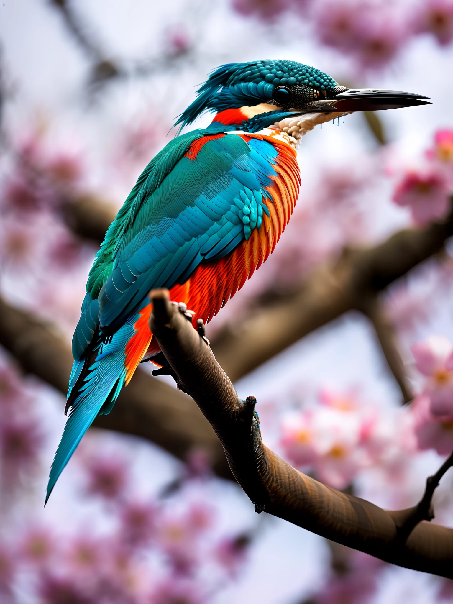 Amazing kingfisher standing on branches of white cherry blossoms blooming on branches, dark, dawn (chilly early morning: 1.1), (morning dew 1.15), realistic photos (modest photos: 1.2), elaborate 8K, intricate ruffled feathers, water droplets on wings, (8 contrast styles), (Mist: 0.7), brilliant colors, Sony a66 00 mirrorless camera, decoration 2