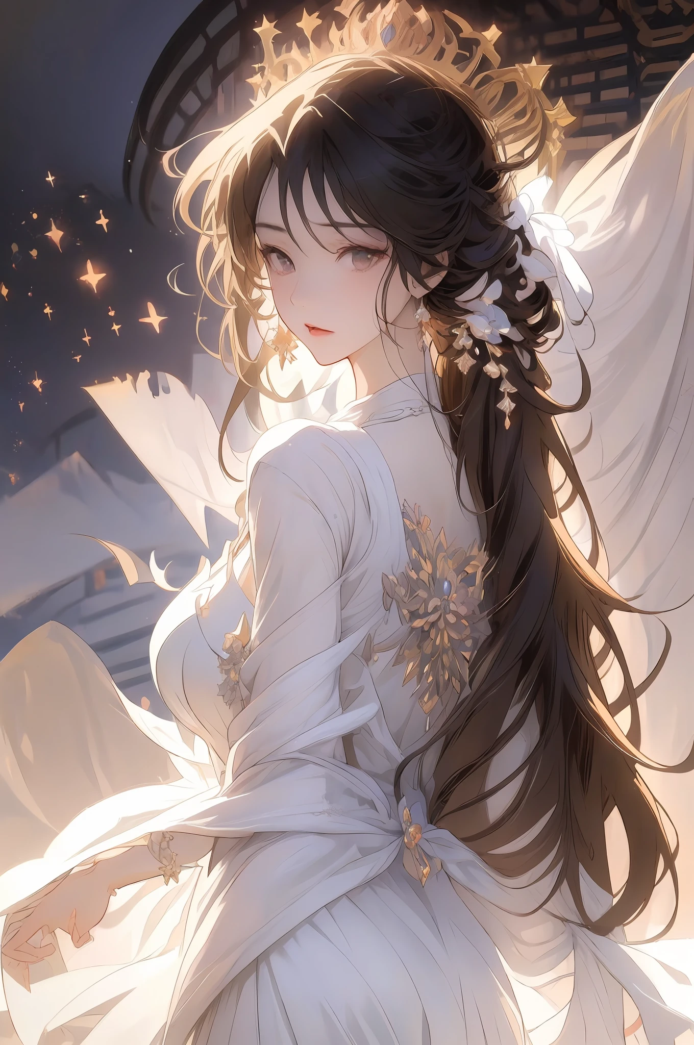 anime - style image of a woman in a white dress sitting on a chair, anime goddess, white haired deity, ((a beautiful fantasy empress)), cushart krenz key art feminine, high detailed official artwork, trending on artstation pixiv, royal elegant pose, smooth anime cg art, cute anime waifu in a nice dress, hestia