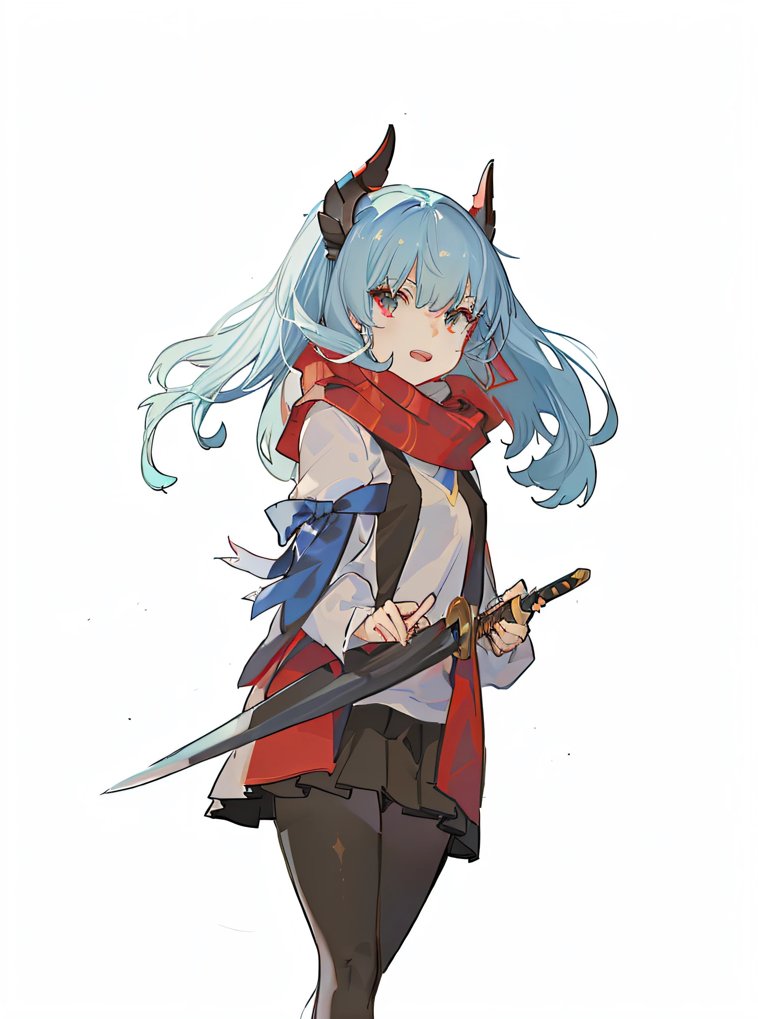 anime girl with sword and scarf standing in front of white background, touhou character, mika kurai demon, nyaruko-san, Kantai collection style, anime moe art style, gapmoe yandere, a very beautiful berserker woman, official character art, offcial art, demon anime girl, anime figure, female anime character, attractive matoi ryuko --auto