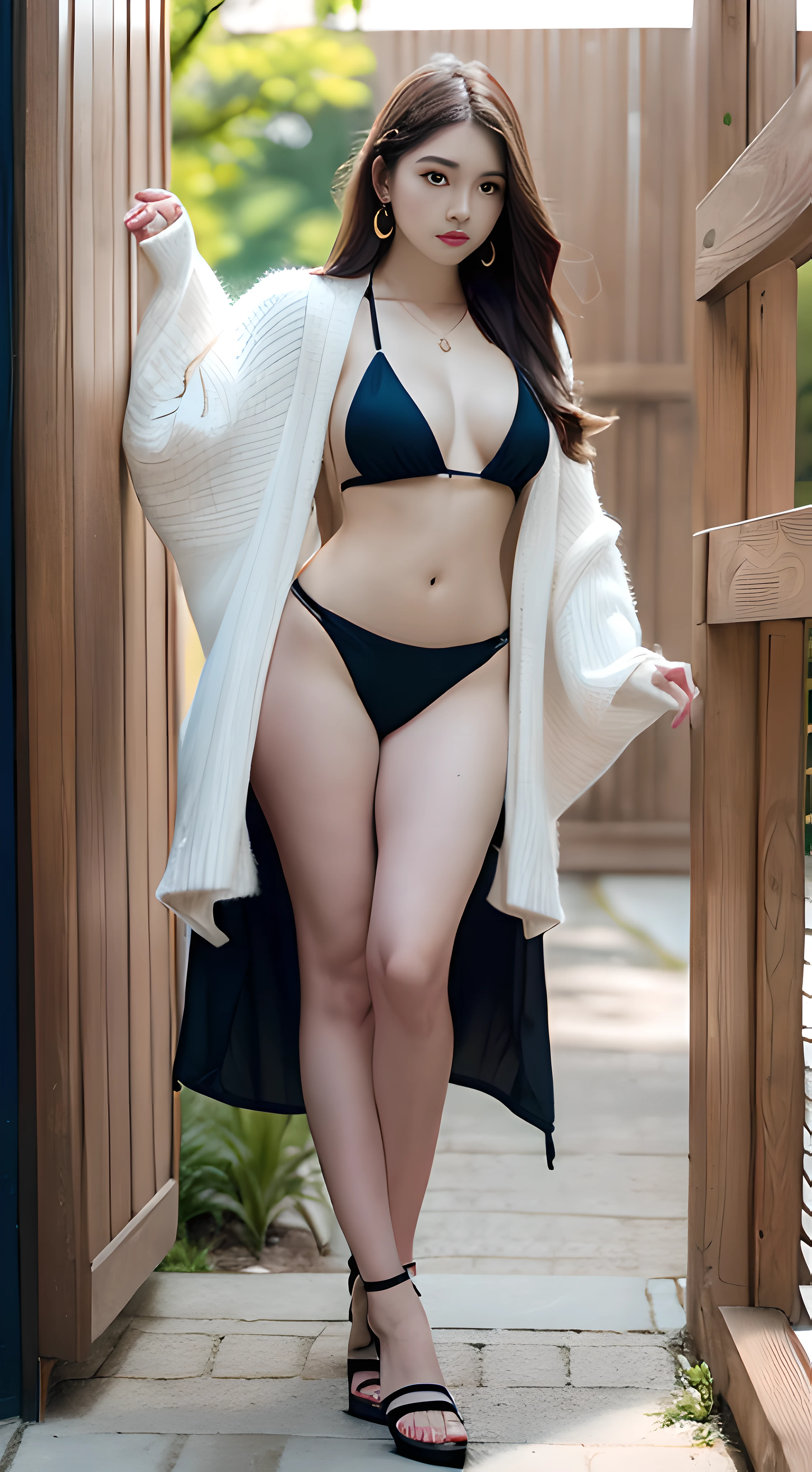 (Masterpiece, Best Quality: 1.3), (Ultra Detailed: 8k CG: 0.4), (Ultra Realistic: 1.35), (Photorealistic: 1.45), (Realistic: 1.5), Posing, Standing, Beautiful Japan Woman, 25 Years Old, Supermodel, Gorgeous, Japan Idol, (Curved Breasts}, {Wooden Wall in Background}, Reflected Light, (Beautiful Elegant Bikini Top), (Ultra Ultra Mini Skirt: 1.5), beautiful face, long hair, (long eyes: 1.5), wavy hair, long legs, constricted waist, full body, oversized sheer cardigan, earrings, necklace, high heels