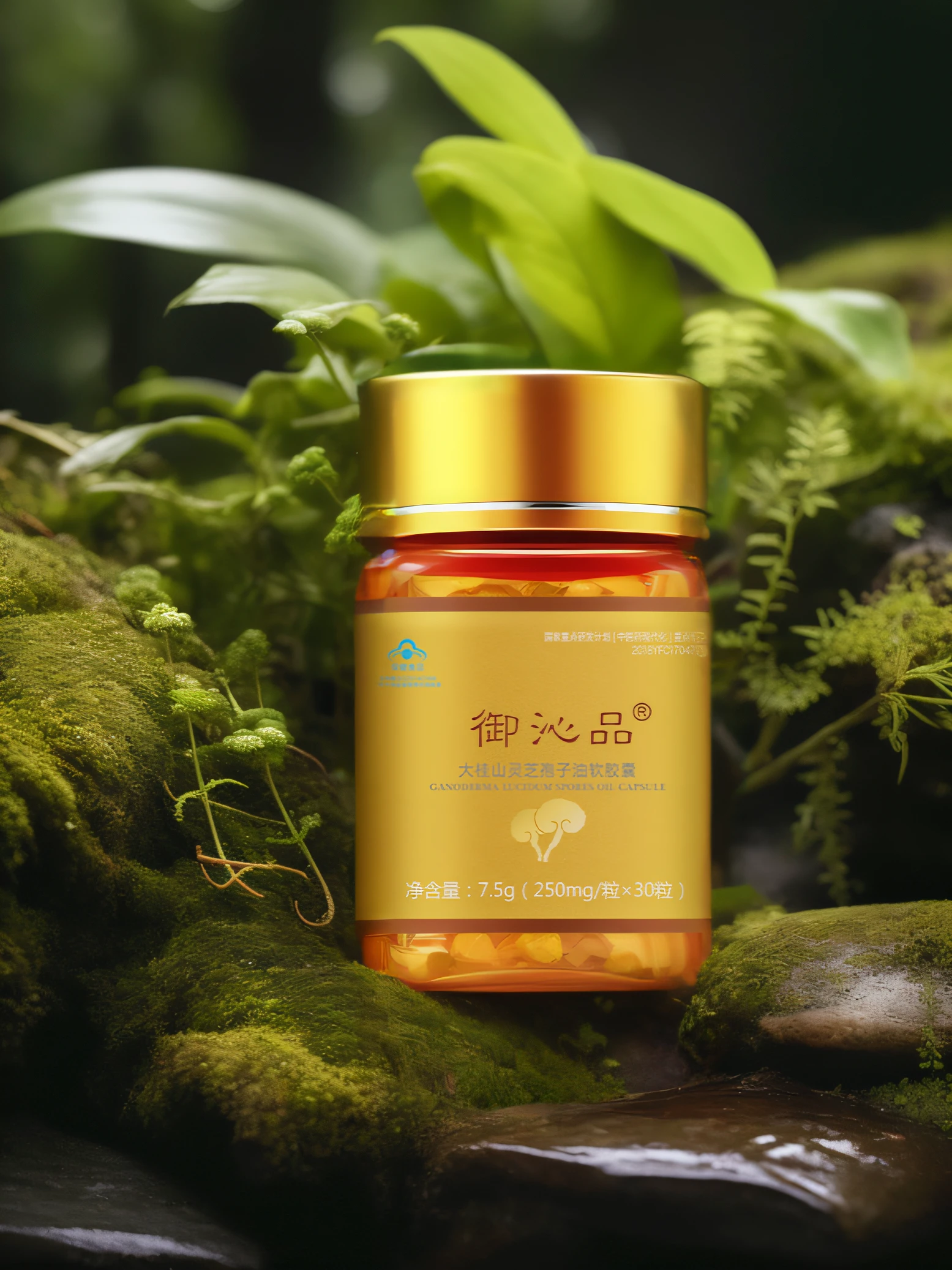 There is a jar of capsules sitting on a mossy surface, Product photo, professional product shot, Product photography close-up portrait, professional product photo, Official product image, product introduction photos --auto