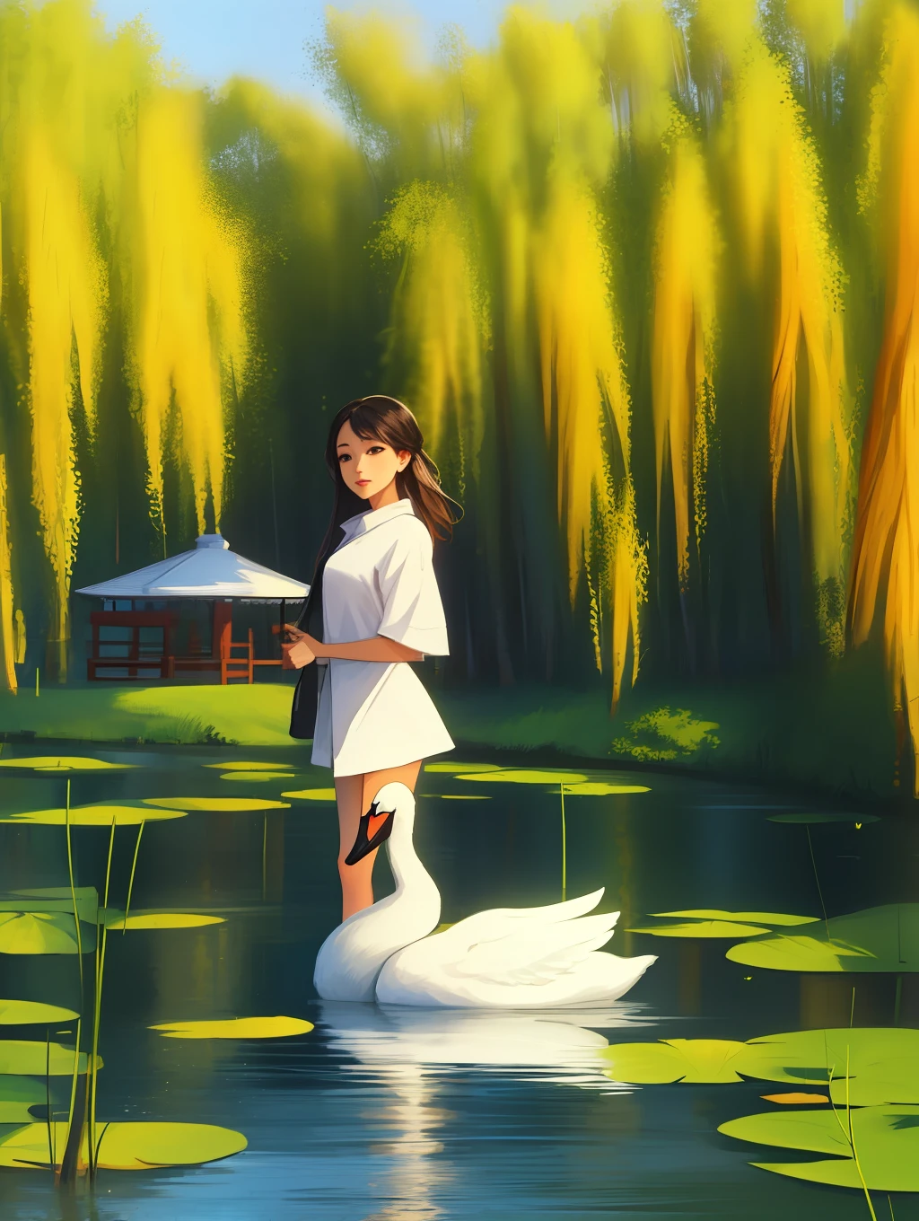 Willow trees, both sides of the lake, swan, lotus flowers, gazebo, a beautiful girl, perfect face, standing, look far