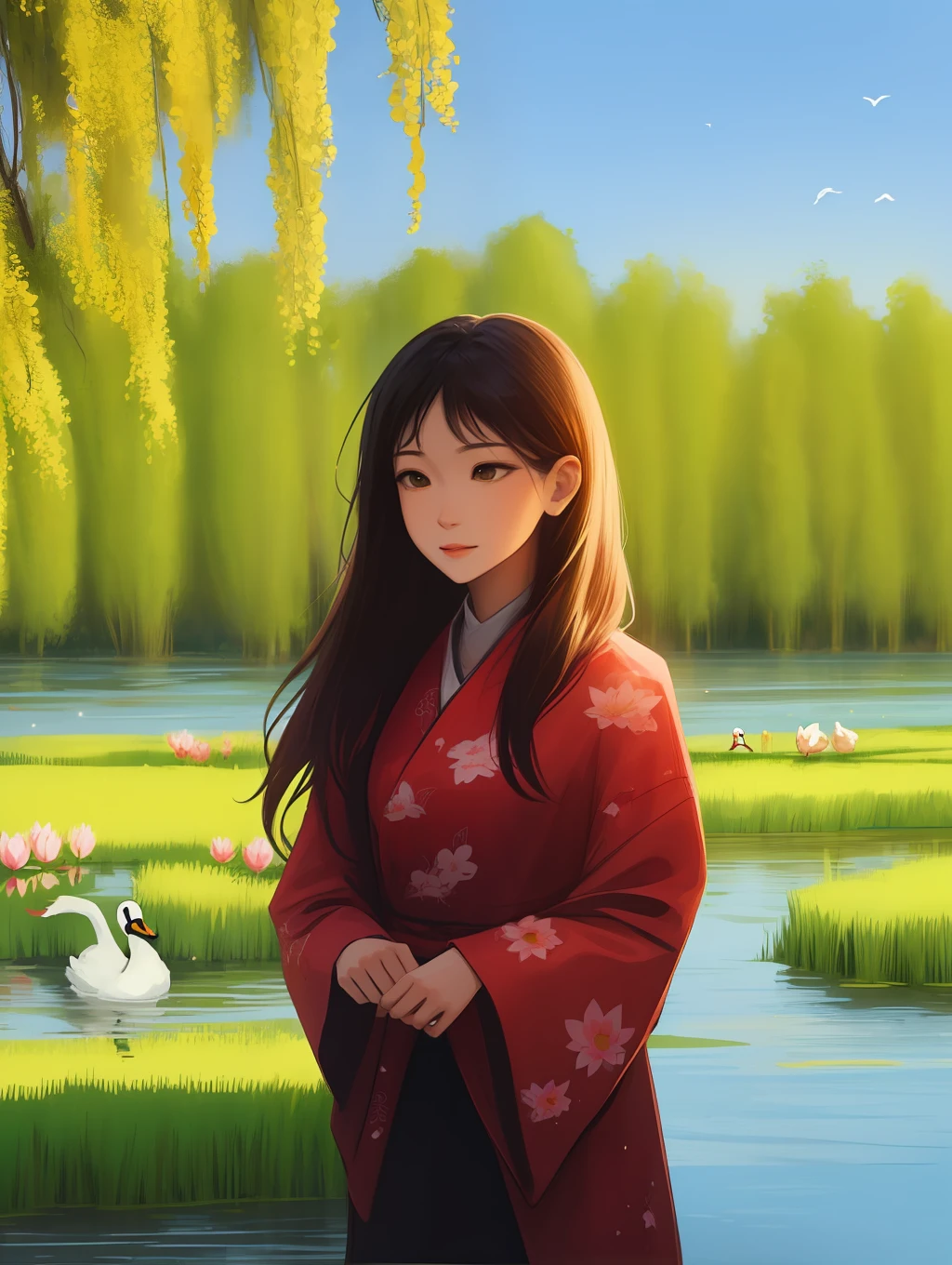 Willow trees, both sides of the lake, swan, lotus flowers, gazebo, a beautiful girl, perfect face, standing, look far