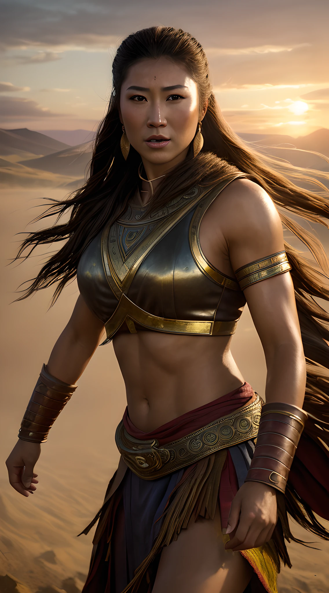 (masterpiece, 8K, best quality, realistic style by Greg Rutkowski:1.4), strong and stunning Mongolian warrior princess, (Khutulun:1.2), 13th-century battle attire, glistening sweat, wrestling, fierce potential suitor, raw power, (windswept Mongolian steppe:1.1), gathered crowd, (intense sunset:1.2), casting long shadows, dust swirling, warm colors, dynamic angle, full of action, gleeful.