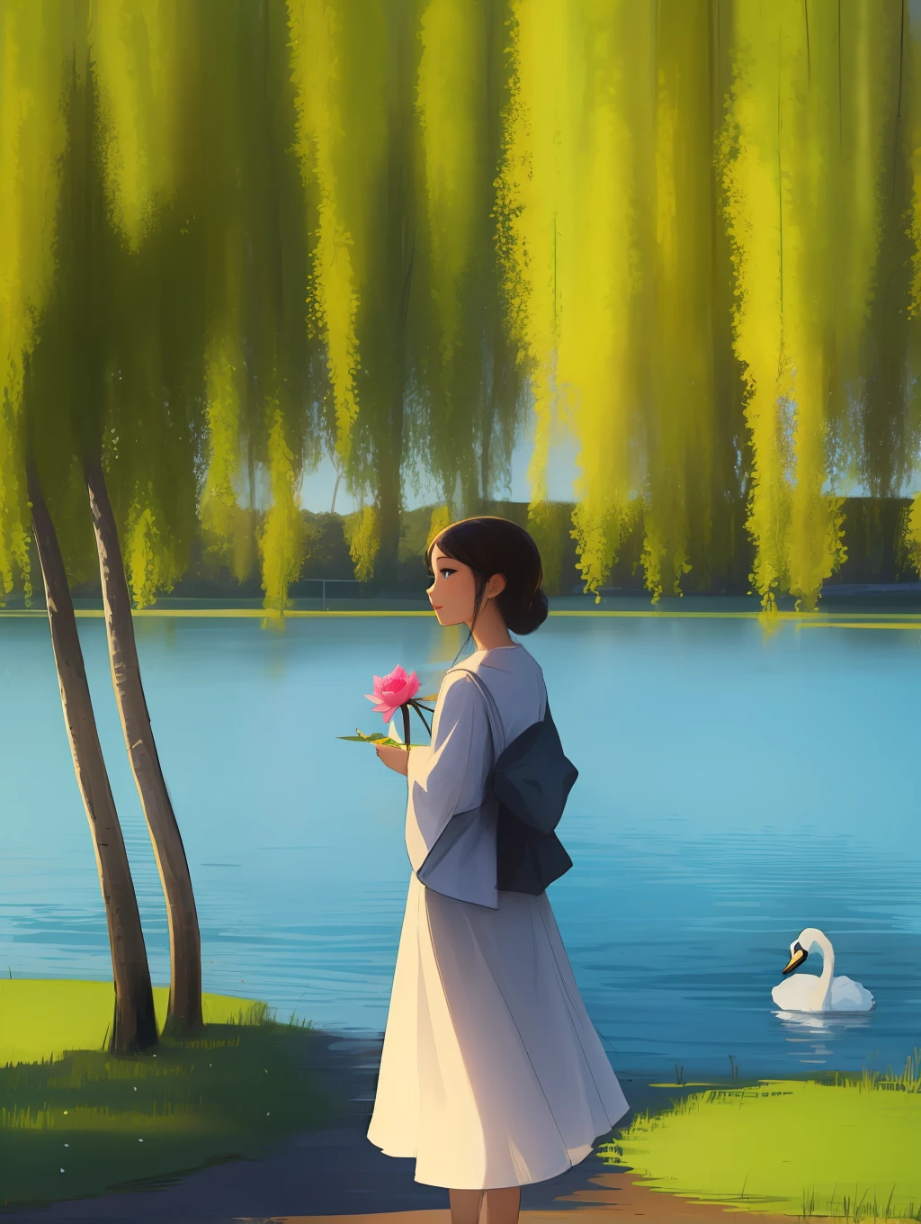 Willow trees, both sides of the lake, swan, lotus flowers, gazebo, a beautiful girl, perfect face, standing, look far