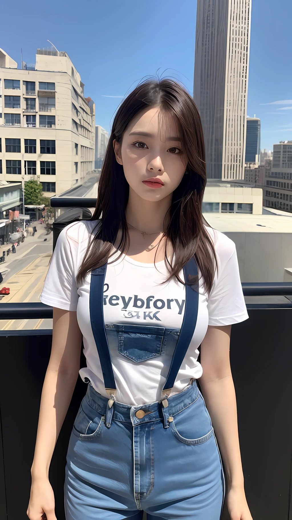 ((length hair, need, 8K, masterpaintings:1.3)), body complet, Long legs, Focalors:1.2, perfect figure beautiful woman:1.4, Slim abs:1.1, ((Dark brown hair, big tit:1.2 )), (Random color tight T-shirt, Long denim suspenders, to stand:1.2), ((City daytime, roofto:1.3)), Highly detailed facial and skin texture, detailed eye, 双眼皮,(((Do not wear jewelry around your neck))),(((Complete hands)))