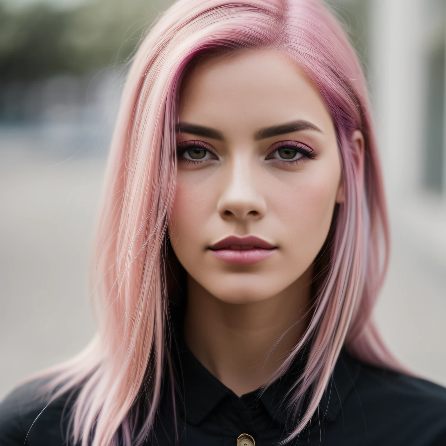 woman with pink hair and a black shirt, ombre purple and pink hairstyle, Experiment with a shallow depth of field, mimicking the vintage look achieved by using older lenses or aperture settings. Highlight the natural texture and pores of the skin, capturing a realistic and organic look.