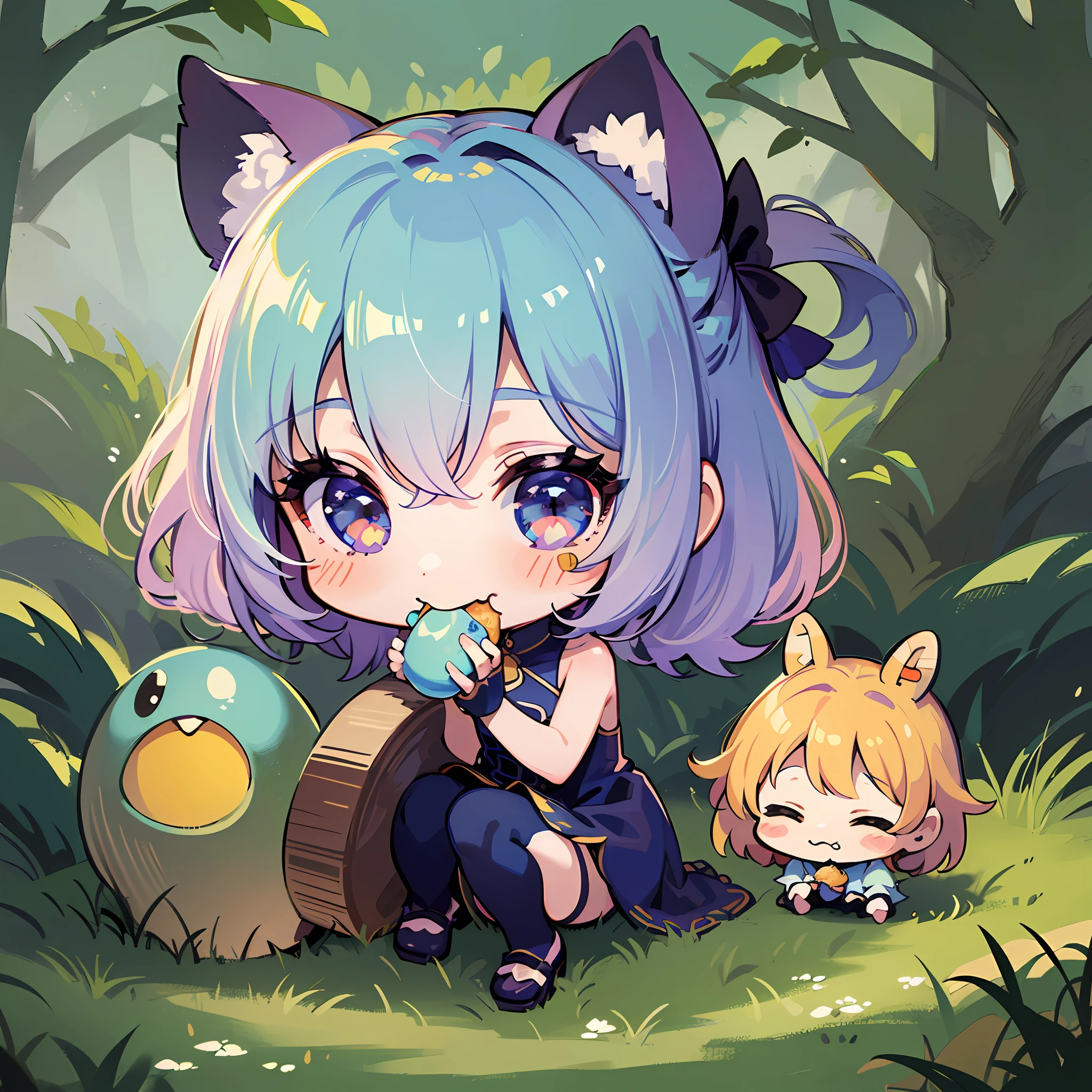 ((sticker:1.5)))、((Chibi Chara))、(((Eat lunch ))、Fluffy、1girl in、bowing、Thanks、Strongest、Chibi Chara、ful body、Pastel colors hair、Fairy tale、Fantastical、masute piece、beste-Qualit、high picture quality