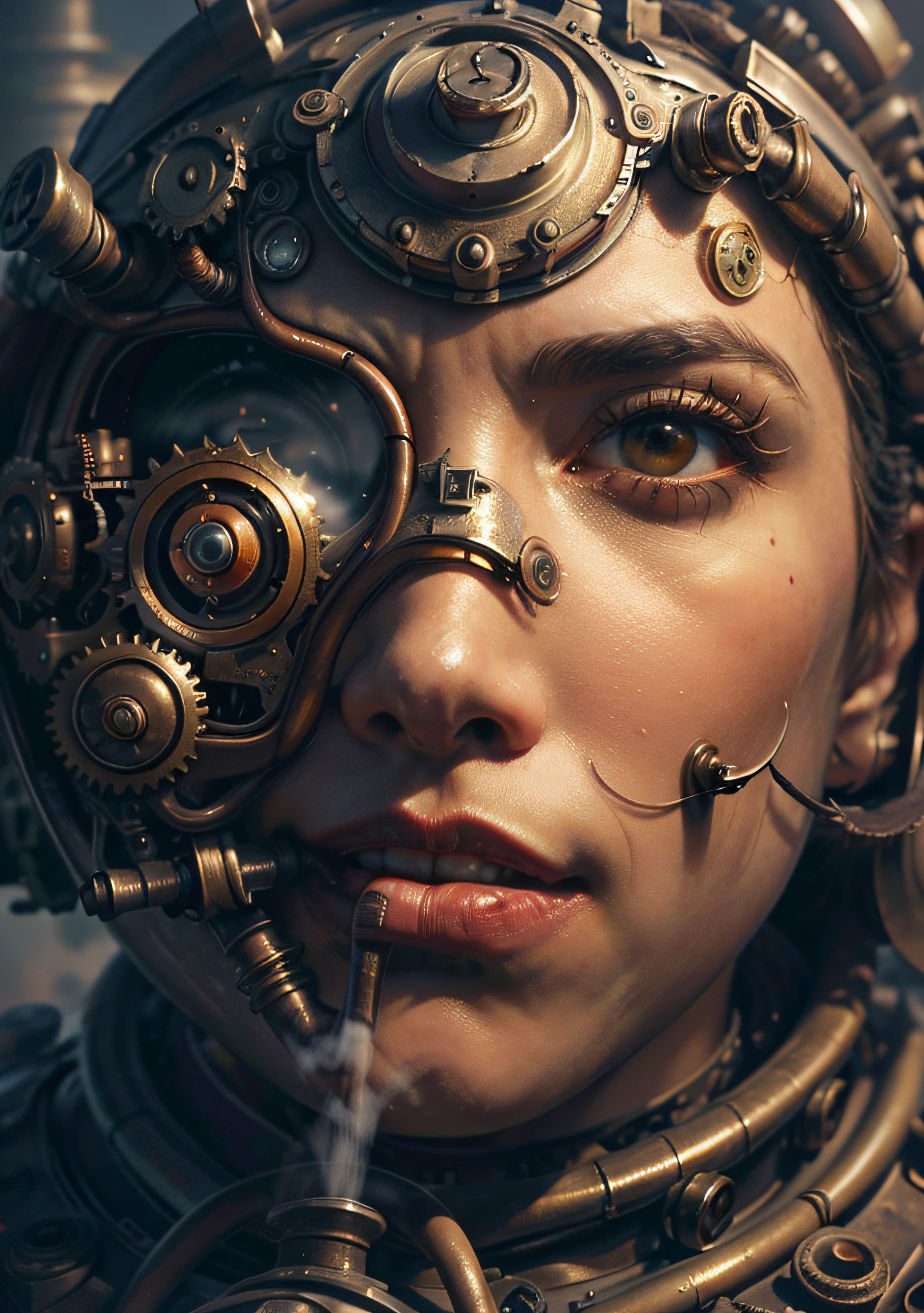 Masterpiece,melhor qualidade,fotorrealista,melhor sombra,delicado,..RAW,ultra high-resolution,Arte hiper-realista,gallery-grade work,Arte Oficial,wallpaper forced,64 mil,,ultra precision,visualmente impressionante,Obra-prima sublime,peak clarity,1 enorme cidade Steampunk,High-rise buildings covered by behemoth-like mechanical devices,show a scene of sharp contrast,Uma camada de nuvens subindo desordenadamente sobre a cidade,Huge steampunk buildings,The surface is covered with complex gears and mechanical devices,(vision,full view,corpo inteiro:1.2),(Nas paredes da cidade Steampunk,1 soldiers in strong mechanical armor.,Handheld Steam Gun,Guard the safety of the city:1.2),Steampunk,dirigible,Steam robot,