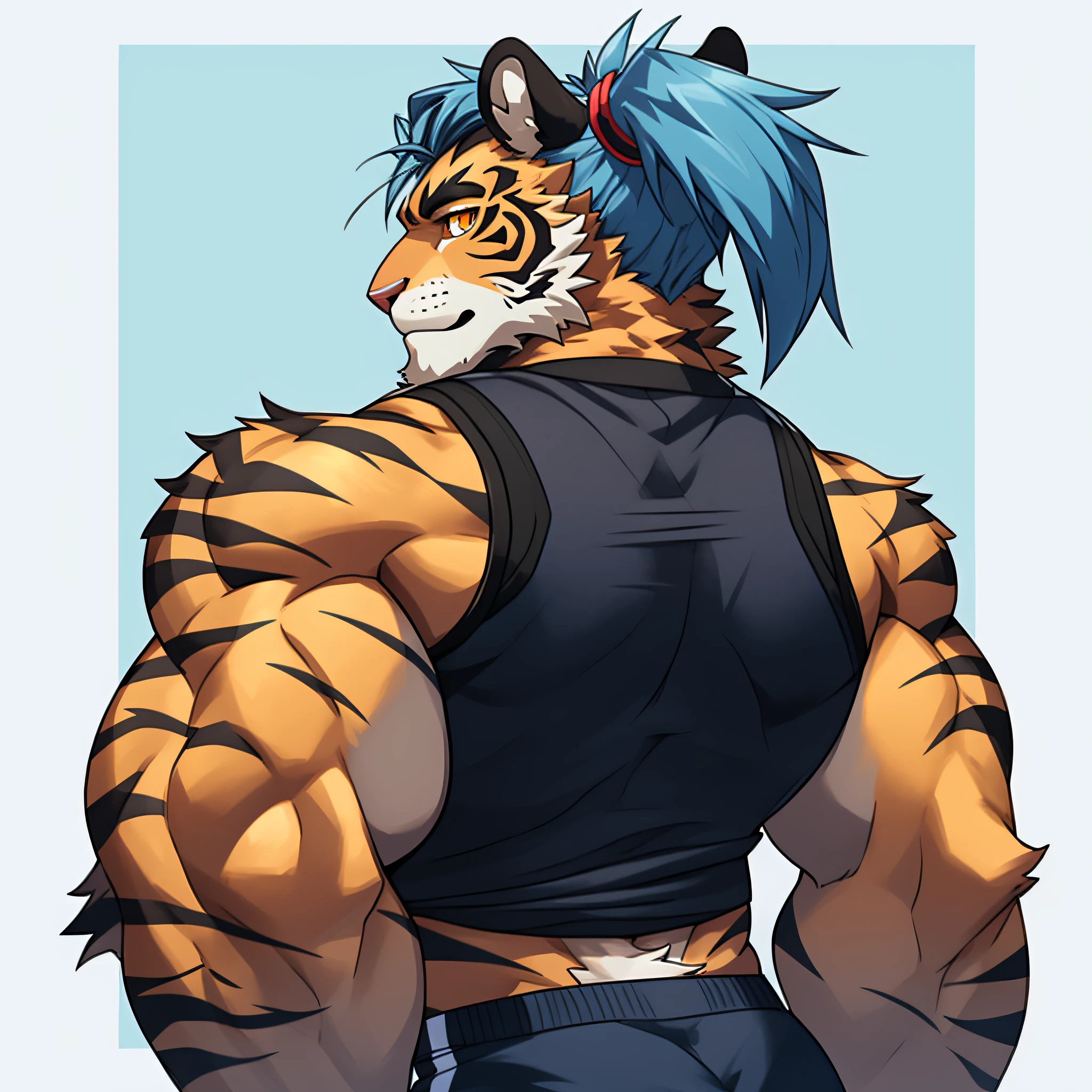 Anatomically correct,detailed full-body concept, Orange fur, perfect golden eyes, Gray-blue hair, Gray-blue beard, Tiger furry, high ponytails, Handsome face,Handsome eyes ,Hairy pectorals,Strong arms,Gorgeous facial features,beautiful-detailed eyes,Complex fur,Detailed face,Perfect skin texture,Extreme detail,Single background,White background:1.8),Transparent background, Fitness shorts Bare upper body,Back view,Fitness vests,