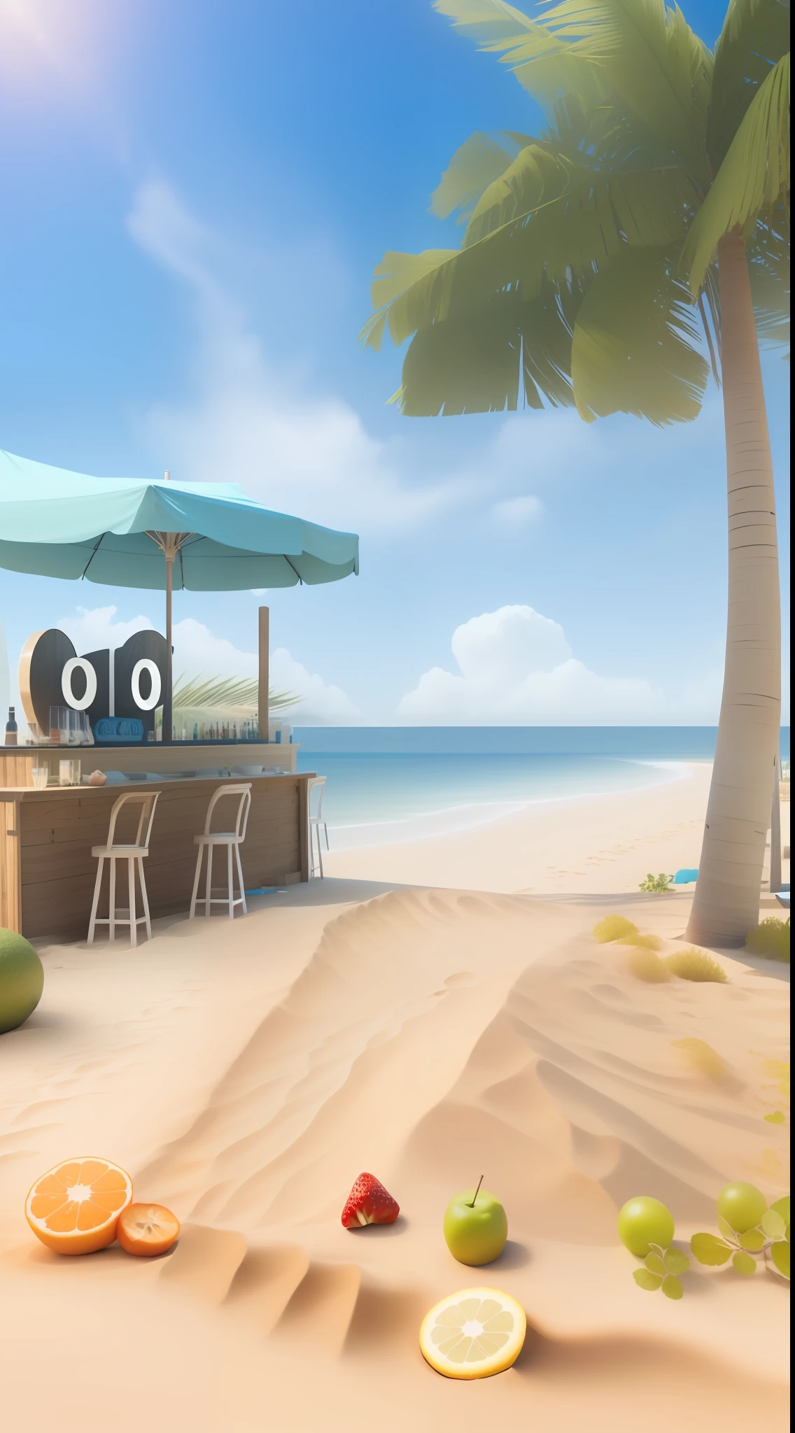 The sun is strong,The sand is distinct,There is a small bar on the beach,Lots of fruit, beach bar, Stylized digital illustration, in a beachfront environment, beach setting, stylized as a 3d render, beach setting medium shot, 3 d render stylized, island background, 3 d stylize scene, promotional render, detailed scene --auto