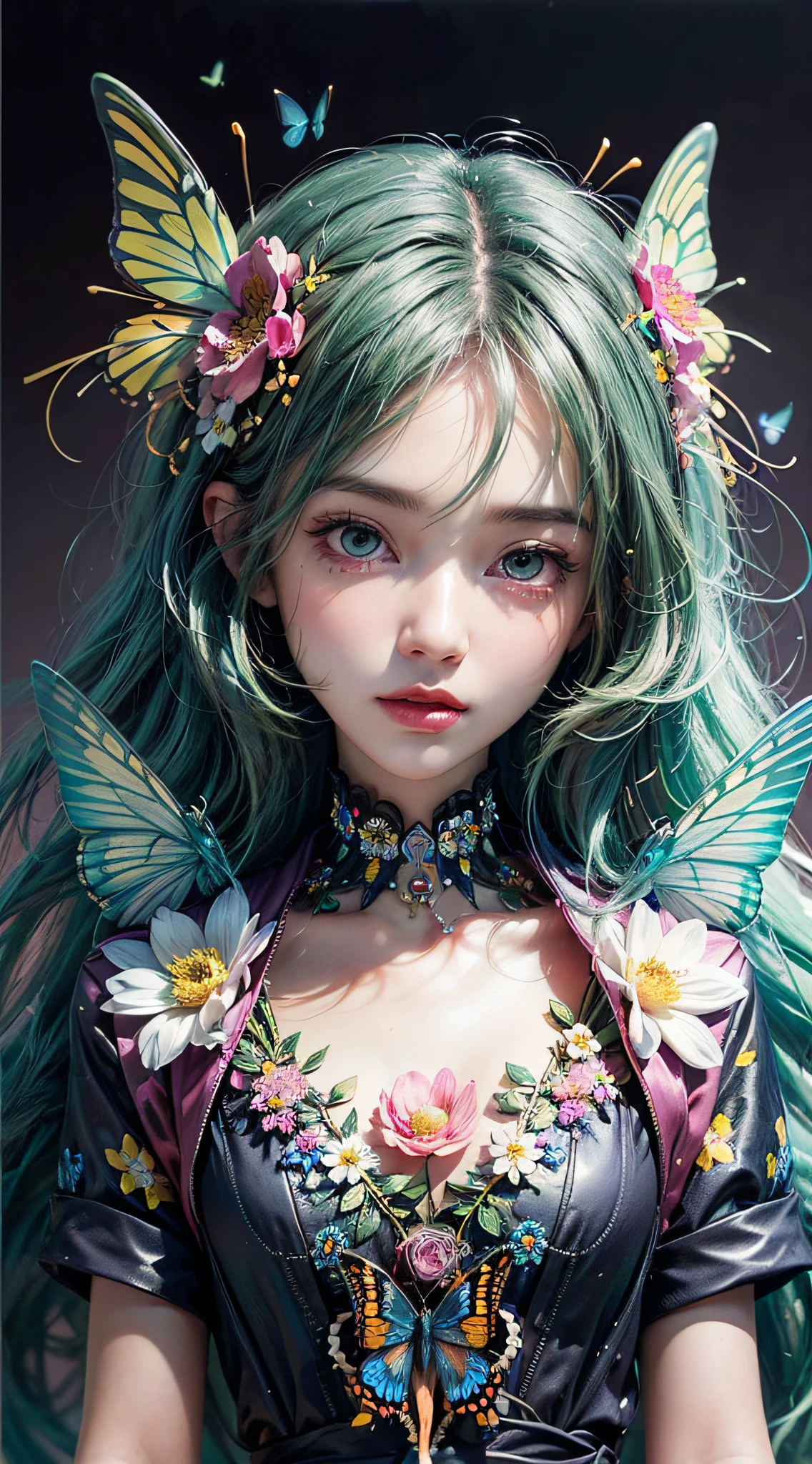 (masterpiece:1.1), (highest quality:1.1), (HDR:1.0), ambient light, ultra-high quality,( ultra detailed original illustration), (1girl, upper body), ((harajuku fashion)), ((flowers with human eyes, flower eyes)), double exposure, fusion of fluid abstract art, glitch, (original illustration composition), (fusion of limited color, maximalism artstyle, geometric artstyle, butterflies, junk art)