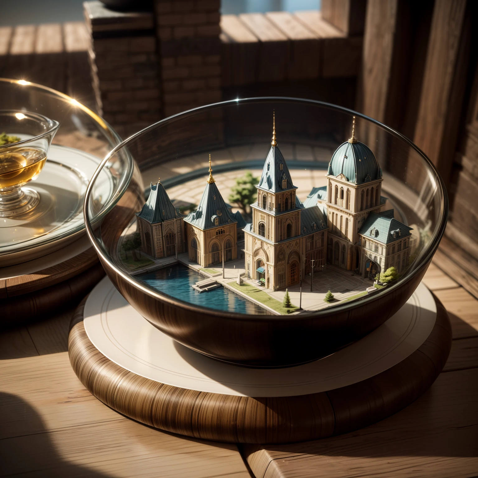 (we see a miniature city on a table), (water, bridges, trees), Masterpiece, Best Quality, High Details), (HDR, high dynamic range), octane render, subsurface scattering, radiant light rays, realistic shadows, (tilt shift)