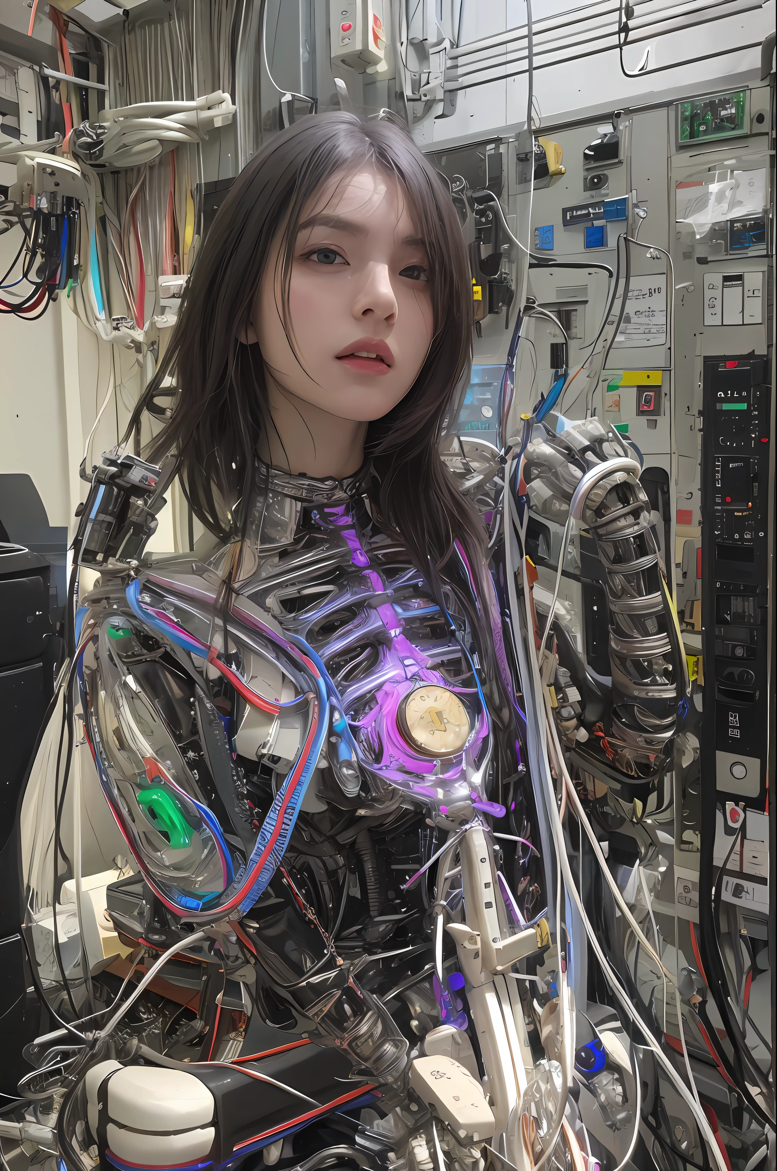 beste-Qualit、巨作、ultra-high-resolution、(photo- realistic:1.4)、Raw photo、女の子1人、Black hair、glowy skin、Cyberpunk Suit、((hyper realistic detail))、portlate、Global Illumination、Shadow、octan render、in 8K、ultrasharp、巨乳、Raw skin is exposed in cleavage、metals、Details of complex ornaments、Gothloli details、Luminous tube、extremely intricate detail、Realistic light、CGSoation Trends、purple-eyed、radiant eyes、Facing the camera、neon details、Mechanical limbs、blood vessels connected to tubes、Mechanical vertebrae attached to the back、mechanical cervical attaching to neck、sitting on、Wires and cables connecting to the head、Small LED lamp、The background is the server room of the future、