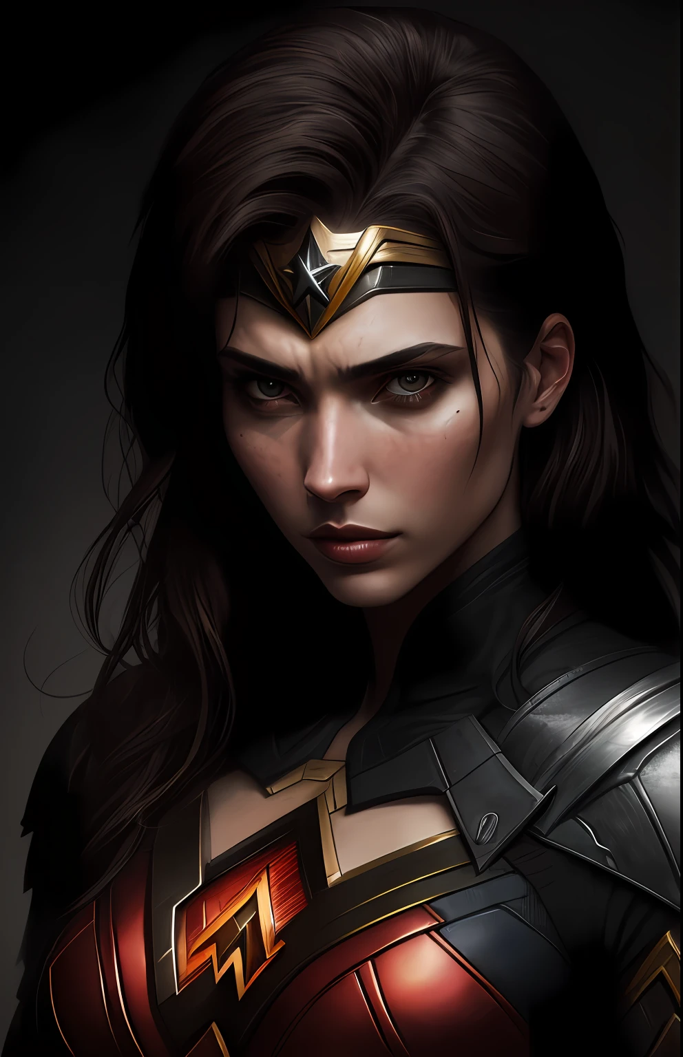 (dark shot: 1.1), epic realistic, Wonder Woman Red Lantern from DC, yellow gradient, black, brown and magenta color scheme, grunge aesthetics!!! graffiti tag wall background, art by Greg Rutkowski and artgerm, soft cinematic light, Adobe Lightroom, darkroom, HDR, intricate, highly detailed, (depth of field: 1.4), faded, (neutral colors: 1.2), (hdr: 1.4), (muted colors: 1.2), hyper-detail (artstation: 1.4), cinematic, warm light, dramatic light (complex details: 1.1)