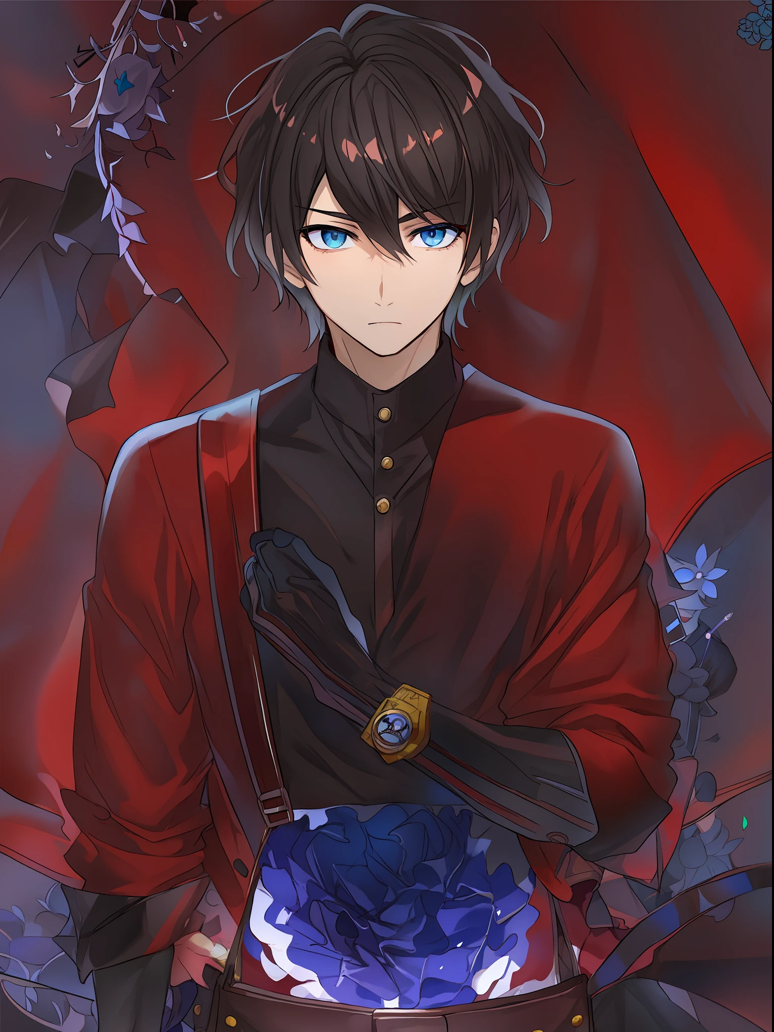 blue eyess，Anime guy in black shirt and red floral dress, Tall anime guy with blue eyes, Anime handsome man, Anime boy, young anime man, inspirado em Okumura Masanobu, Handsome anime pose, Male anime style, male anime character, Anime portrait of a handsome man, persona 5 art style wlop, handsome japanese demon boy,Running in terror