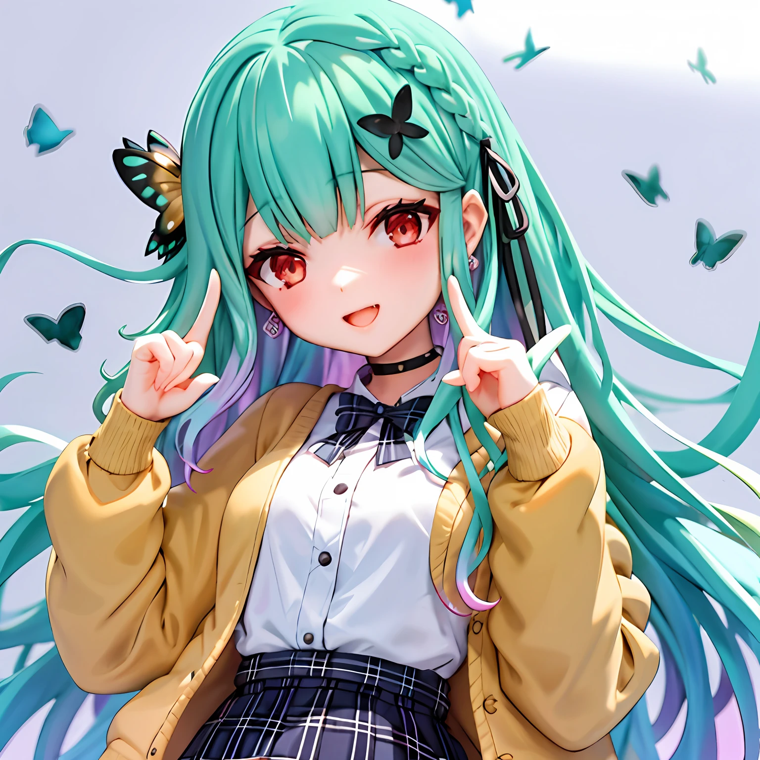 longrushia, Long hair, aqua hair, gradient hair,multicolored hair, Red eyes, hair ornaments, black choker, White shirt, brown cardigan, sleeves past fingers, plaid skirt,1女孩, 独奏,