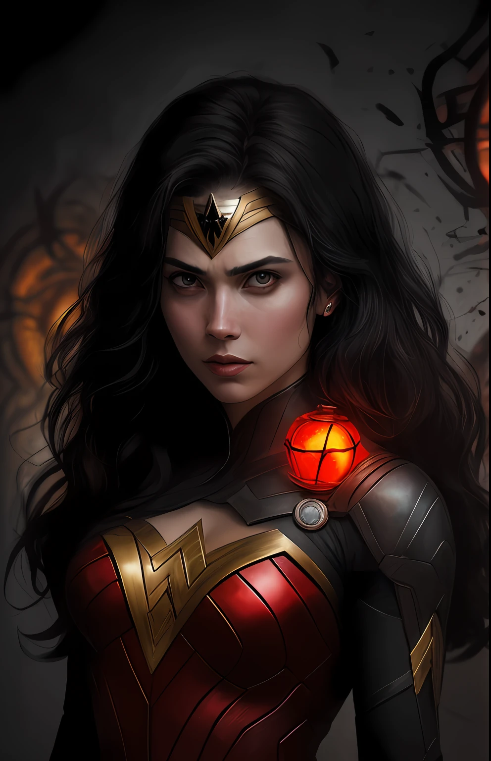 (dark shot: 1.1), epic realistic, Wonder Woman Red Lantern from DC, yellow gradient, black, brown and magenta color scheme, grunge aesthetics!!! graffiti tag wall background, art by Greg Rutkowski and artgerm, soft cinematic light, Adobe Lightroom, darkroom, HDR, intricate, highly detailed, (depth of field: 1.4), faded, (neutral colors: 1.2), (hdr: 1.4), (muted colors: 1.2), hyper-detail (artstation: 1.4), cinematic, warm light, dramatic light (complex details: 1.1)