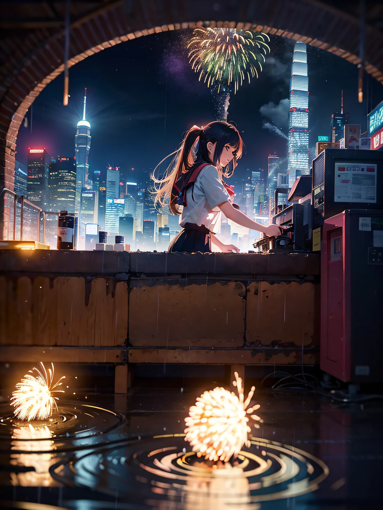 Ray tracing,Best quality,巨作,An extremely delicate and beautiful,Colorful,art book,Cyberpunk,City,Kowloon,Rain,Starry sky,floating sakura,Fireworks,cyber punk city,profile,hime-cut,Smile,Standing,arms behind back ,serafuku,big legs,