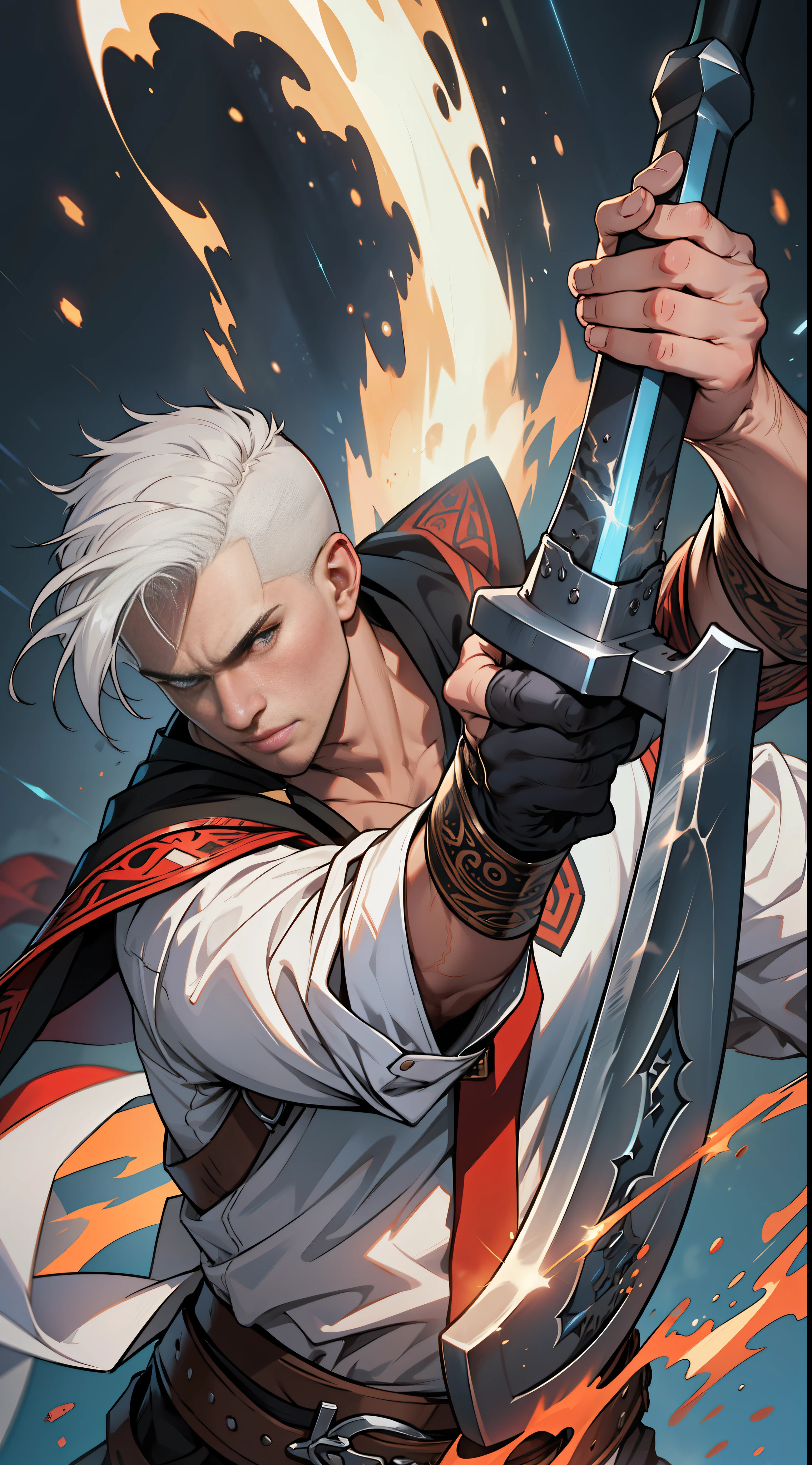 A tall man，White hair and white shirt，The body twisted，Holding a God of War axe shining with a blue light。He performs the stunt of the God of War Axe，Spiritual power bursts，The axe slashed down。 32K, Best quality, 巨作, Super detail, High details