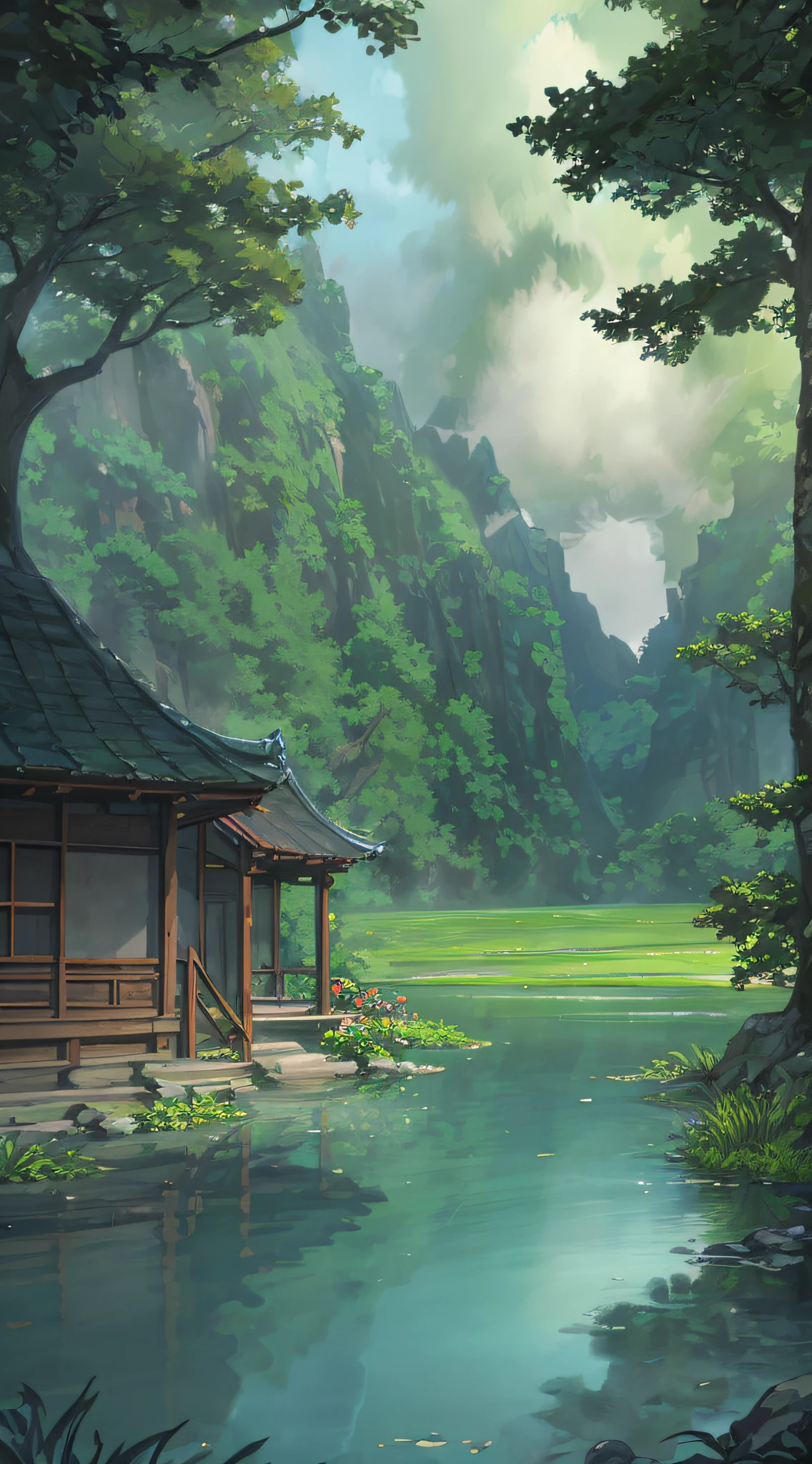 Hot springs, water vapor, waterfalls, ancient Chinese times, spring, jungle, lake, cave, tree, meadow, (illustration: 1.0), epic composition, realistic lighting, HD details, masterpiece, best quality, (very detailed CG unified 8k wallpaper)