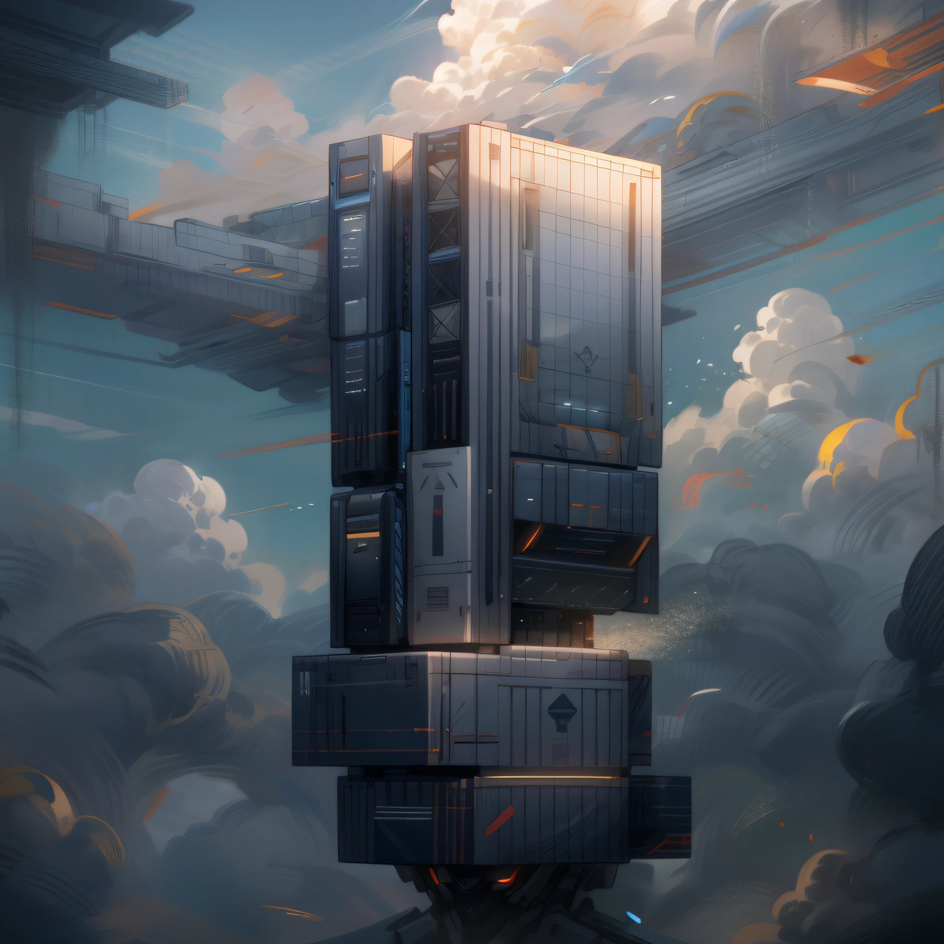 Building,Technologie,the ground,skyward, Clouds, holding_weapon, no_humans, Glow, robotical, architectural, scientific fiction, oras, realisian --v6