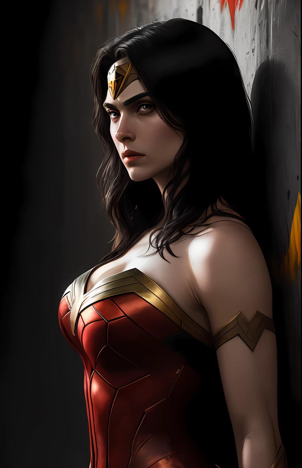 (dark shot: 1.1), epic realistic, Wonder Woman Red Lantern from DC, yellow gradient, black, brown and magenta color scheme, grunge aesthetics!!! graffiti tag wall background, art by Greg Rutkowski and artgerm, soft cinematic light, Adobe Lightroom, darkroom, HDR, intricate, highly detailed, (depth of field: 1.4), faded, (neutral colors: 1.2), (hdr: 1.4), (muted colors: 1.2), hyper-detail (artstation: 1.4), cinematic, warm light, dramatic light (complex details: 1.1)