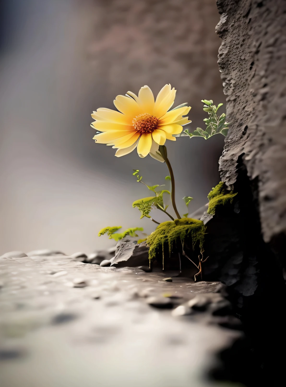 Morning light in the distance,llight rays,There is a small yellow flower growing out of the crack in the stone, amazing contrasting background, The surrounding ground is mossy,surrounded flower, beautiful flower, depicting a flower, paul barson, amazing depth, inspirational and powerful, wallpaper - 1 0 2 4, very beautiful photograph of, beautiful iphone wallpaper, awesome greate composition, flowers grow from the body, amazing photo, amazing wallpapers, Beautiful composition