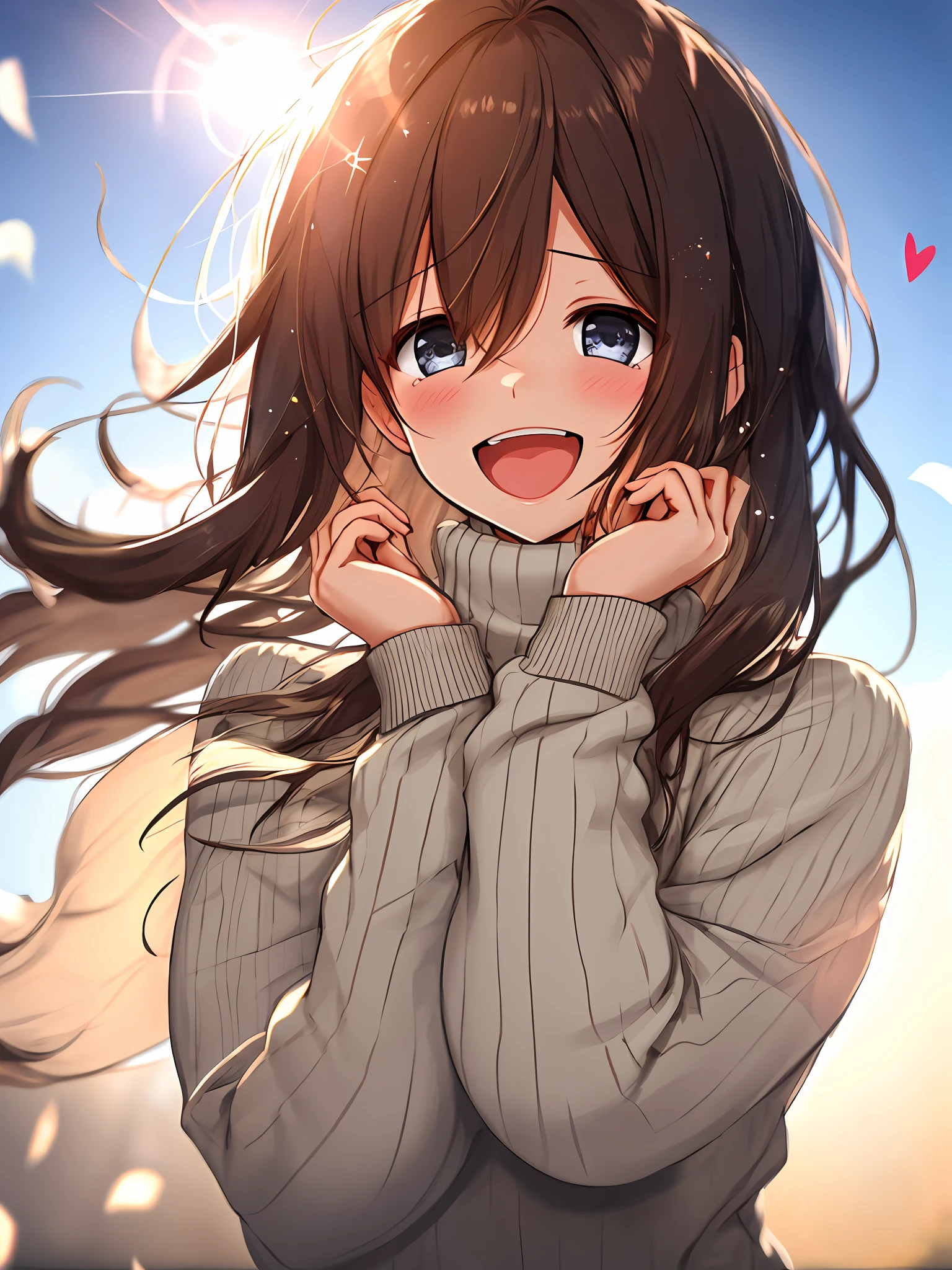 a girl, cosy sweater on, upper body, (huge Laughing:1.1), (open mouth:1.1), (wide open eyes:1.2), sun glare, bokeh, depth of field, blurry background, light particles, strong wind, (heart particles:1.1)
